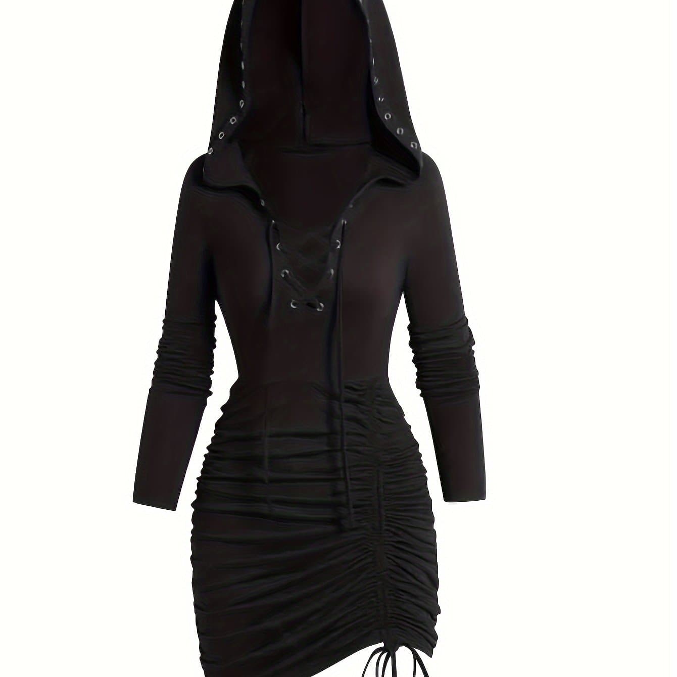 TEMU Targeted Development Hooded Dress, Long Sleeve V-neck Long Dress With Detail