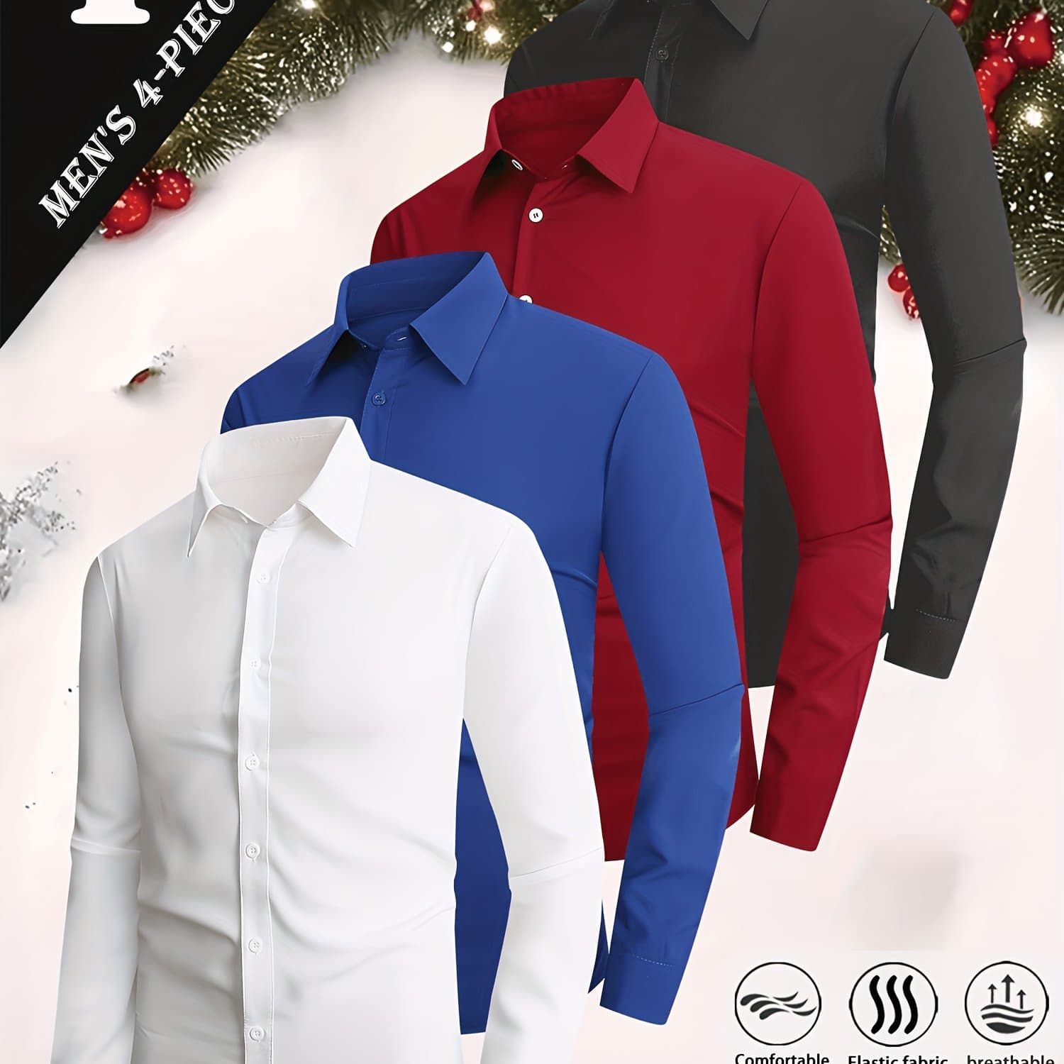 TEMU 4pcs Men's Formal Shirt Casual Shirt, Classic Button Up Long Sleeved Shirt, Solid , 97% Fiber, 3% Spandex, And Breathable, Suitable For Business, Outdoor Leisure, Wedding Banquets, Dates, All
