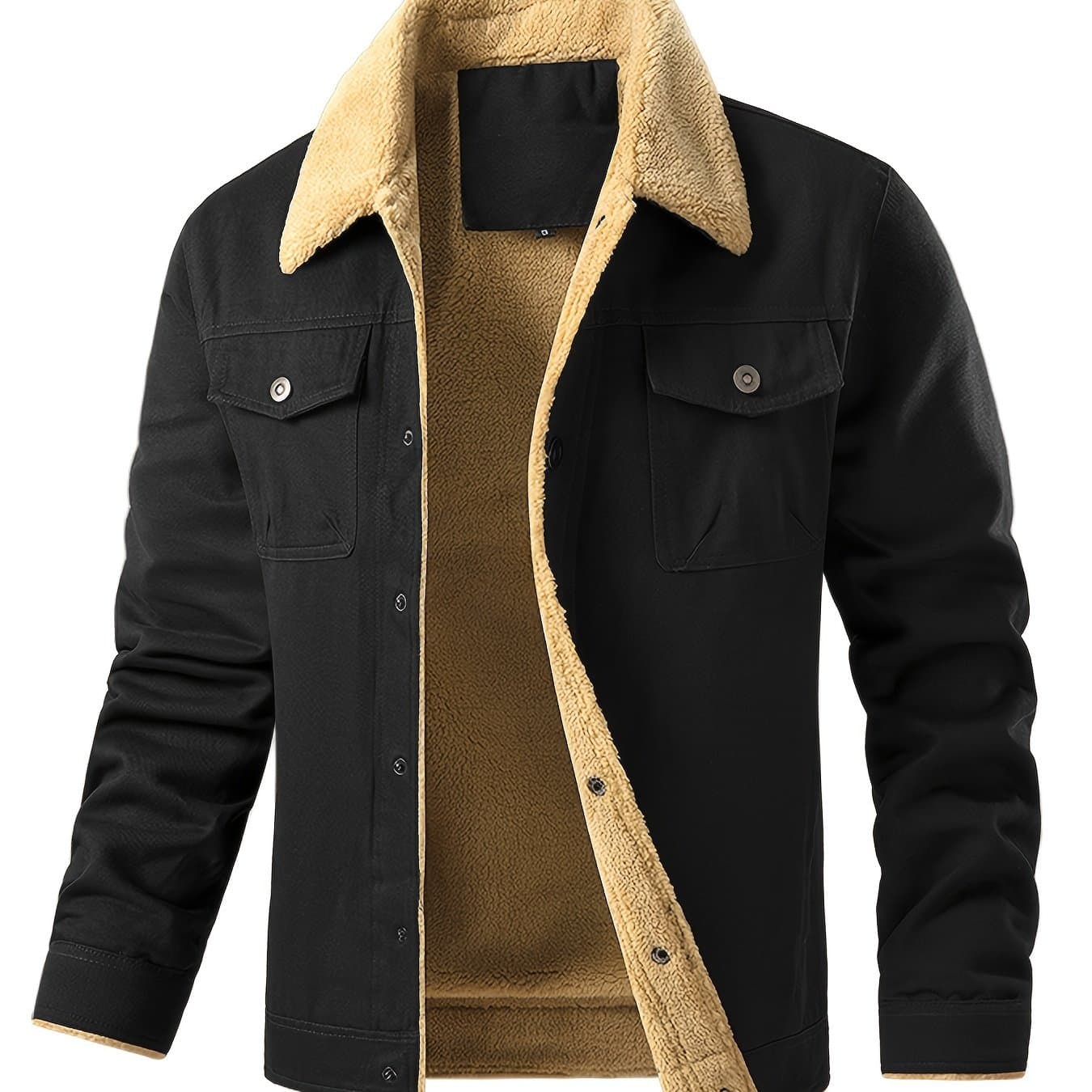 TEMU Men's Fashion Trendy Fleece-lined Jacket, Casual Workwear Outerwear With Sherpa Collar, Button-up, Multiple Pockets