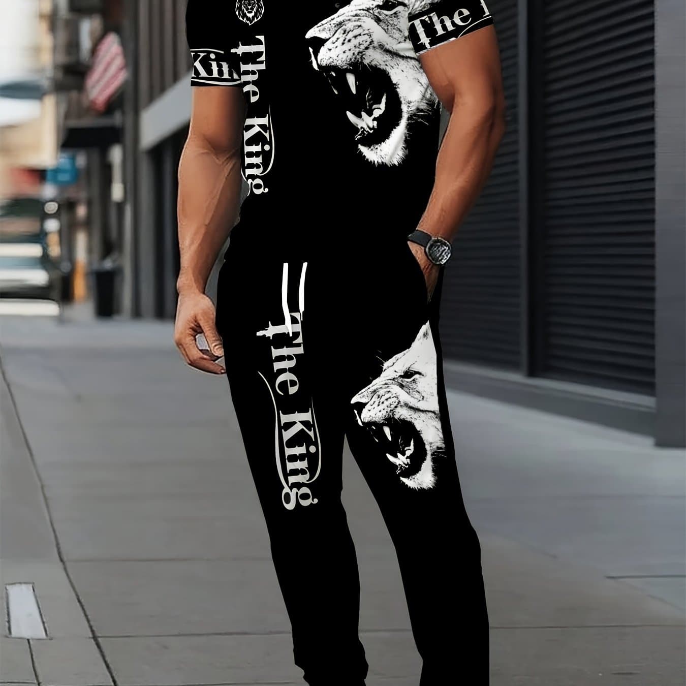 TEMU Men's Casual Fashionable Sports Lion Print Round-neck Short-sleeved Long Pants Set