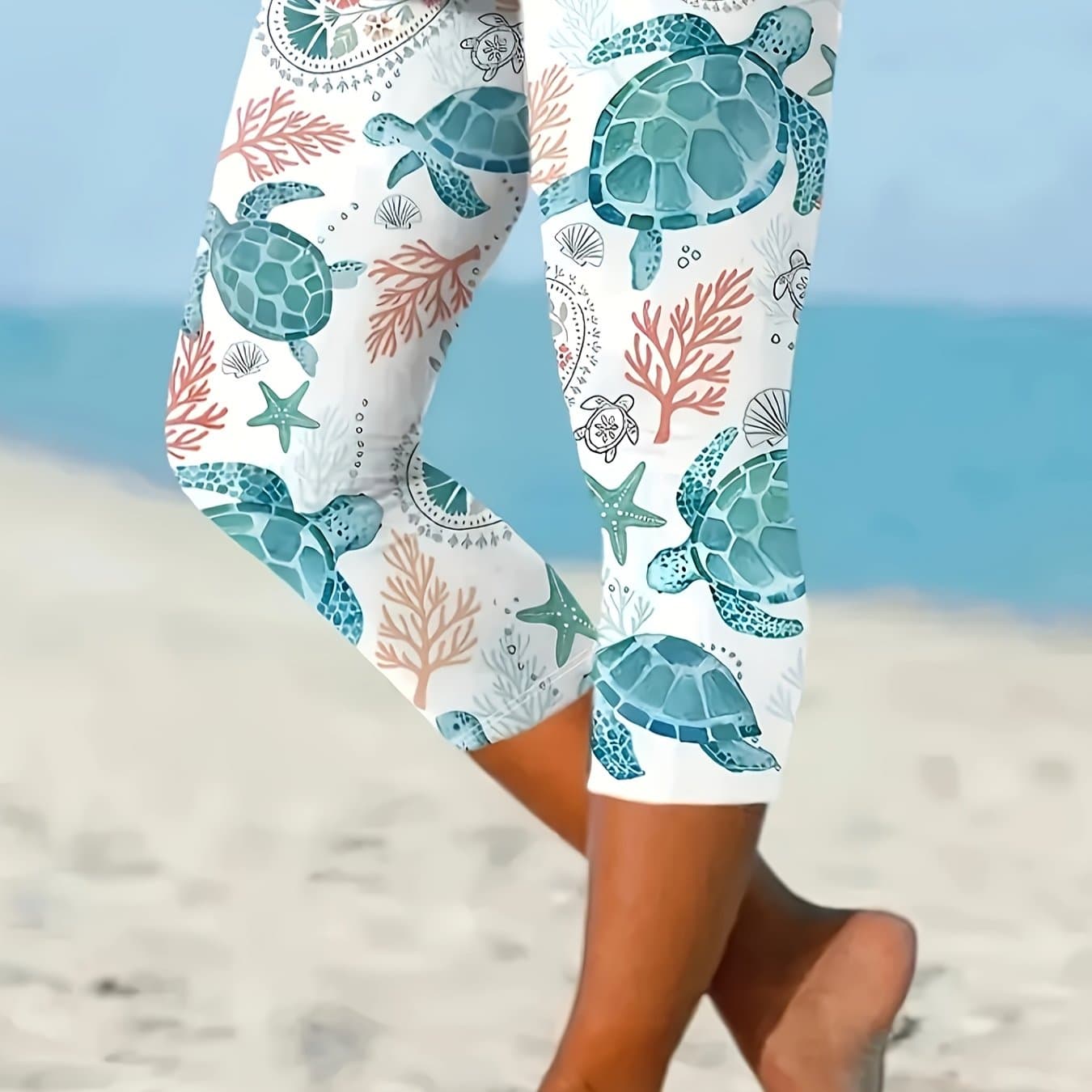 TEMU Plus Size, Women's Plus Size Turtle Print Capri Pants - High-waisted, Stretchy Polyester, Vibrant Design, Elegant & Comfortable For Beach Or Casual