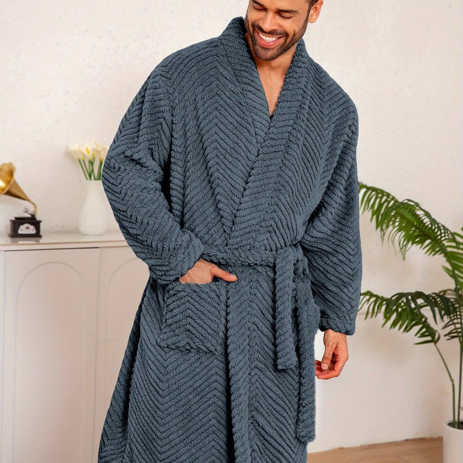 TEMU Fall Winter Men's Casual Easy Plus Size Fleece Comfortable Coral Fleece Robe, Thickened Warm Flannel Long Sleeve Long Pants Bathrobe