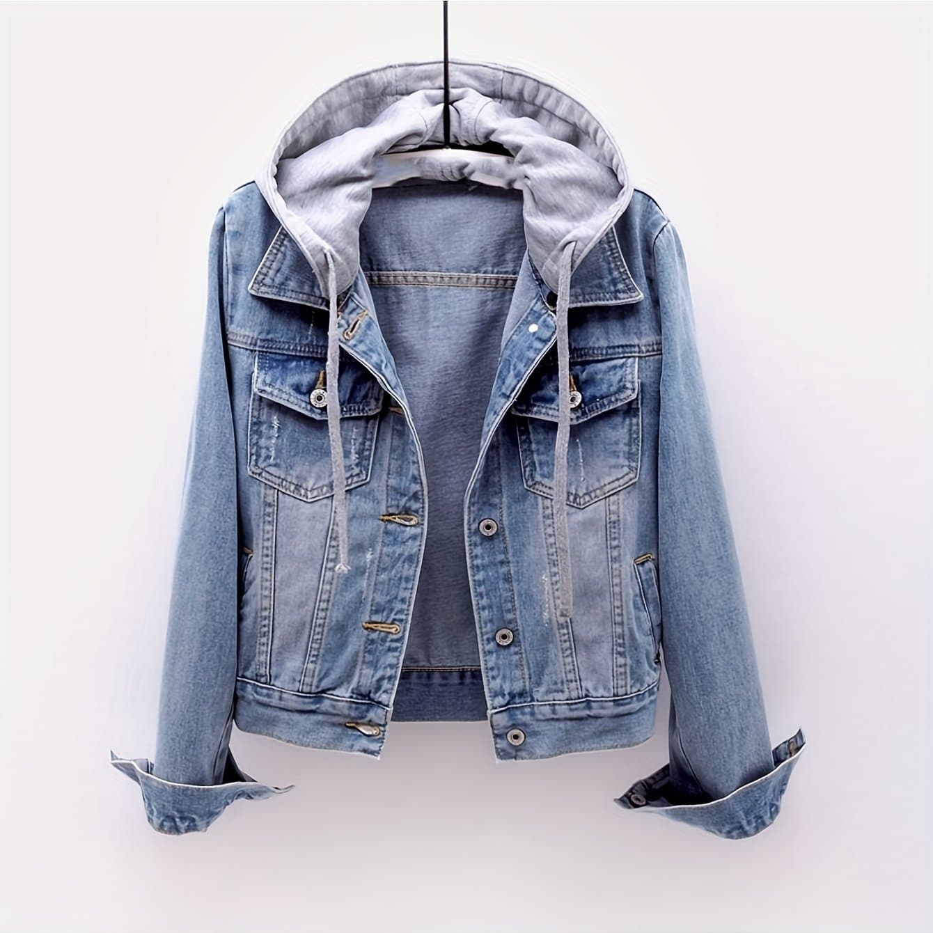TEMU Plus Size Women's Casual Denim Jacket, Long-sleeved Hooded Short Denim Coat. Detached. Suitable For Spring And Autumn And Any Occasion