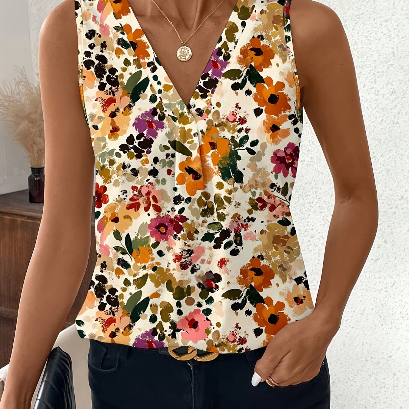 TEMU Floral Country Style Sleeveless Blouse, Spring/summer Women's Clothing