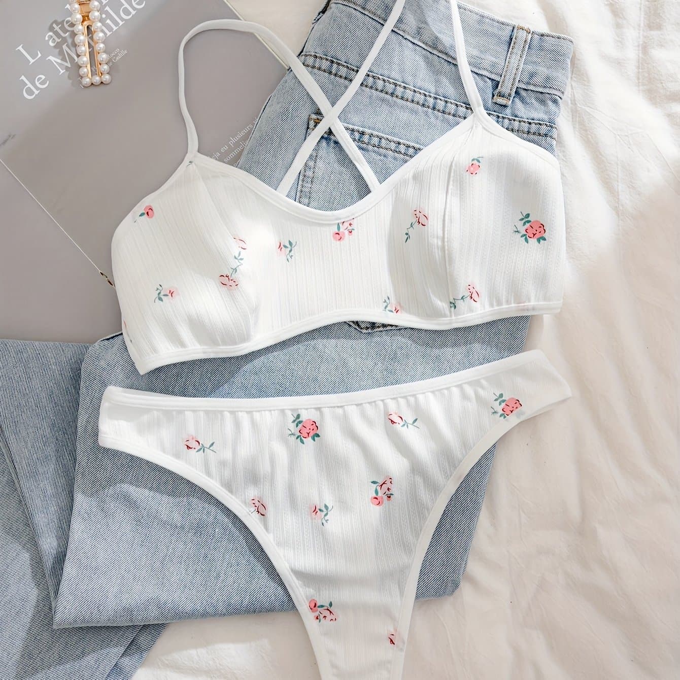 TEMU Women' Floral Print Bra And Panty Set