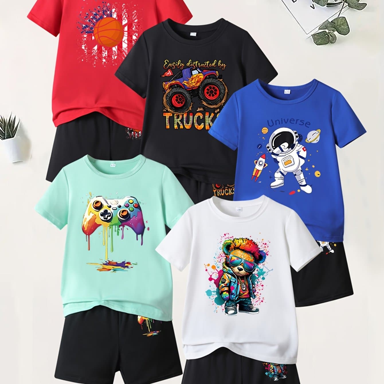 TEMU 10pcs Boys' Summer Short Sleeve T-shirt And Shorts Set With 'basketball, Cartoon Truck, Astronaut, Splatter Game Controller, Splatter ' Prints, Perfect For Outdoor