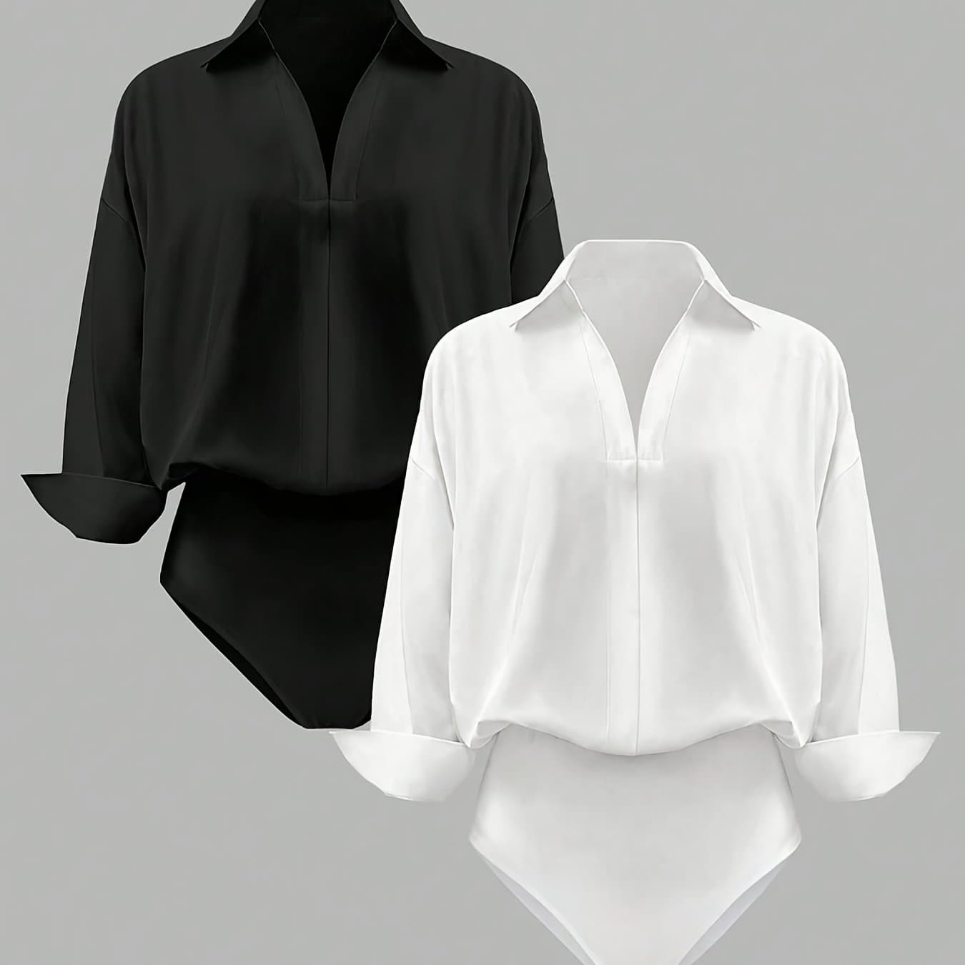 TEMU Women's Elegant Fashion Collar Long Sleeve Bodysuit, Black & White 2pcs Set