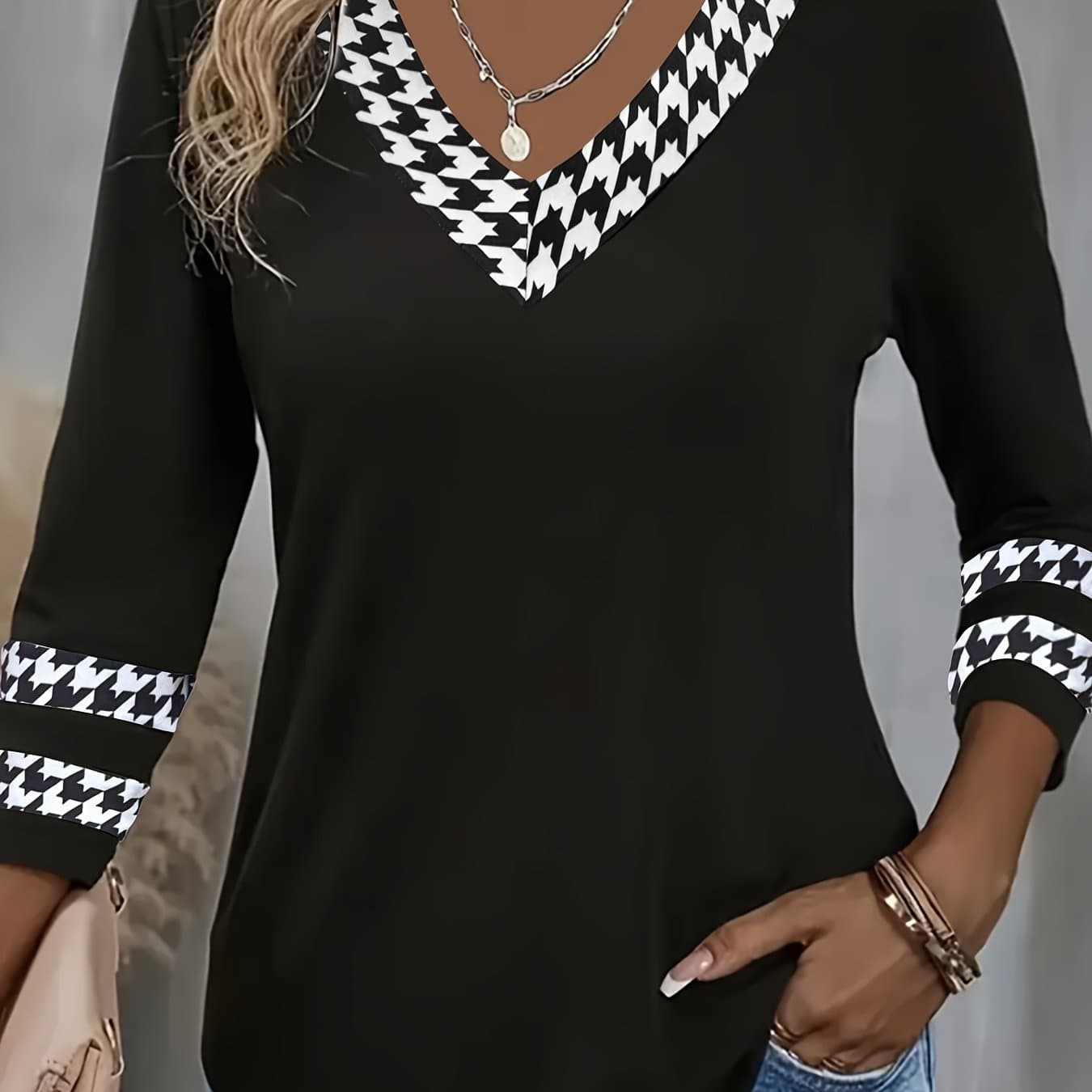 TEMU Contrast V-neck 3/4 Sleeve T-shirt Top
