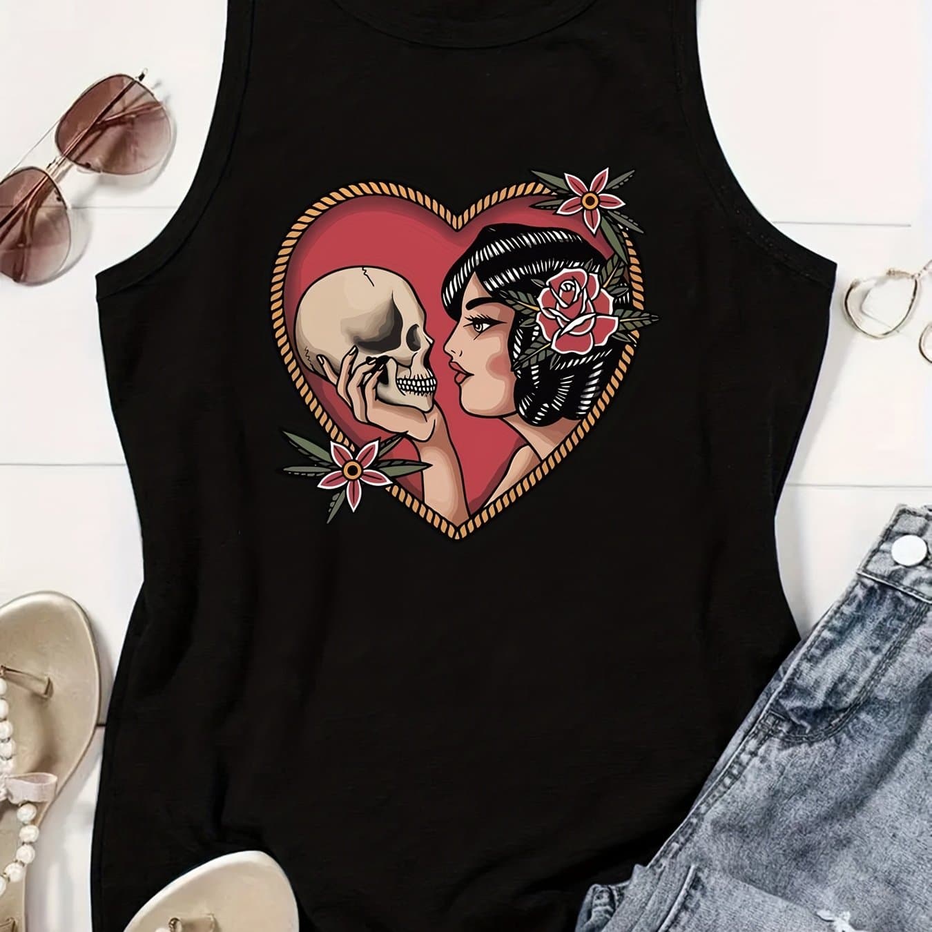 TEMU Plus Size Heart & Skull Print Tank Top, Casual Sleeveless Crew Neck Top For Summer & Spring, Women's Plus Size Clothing