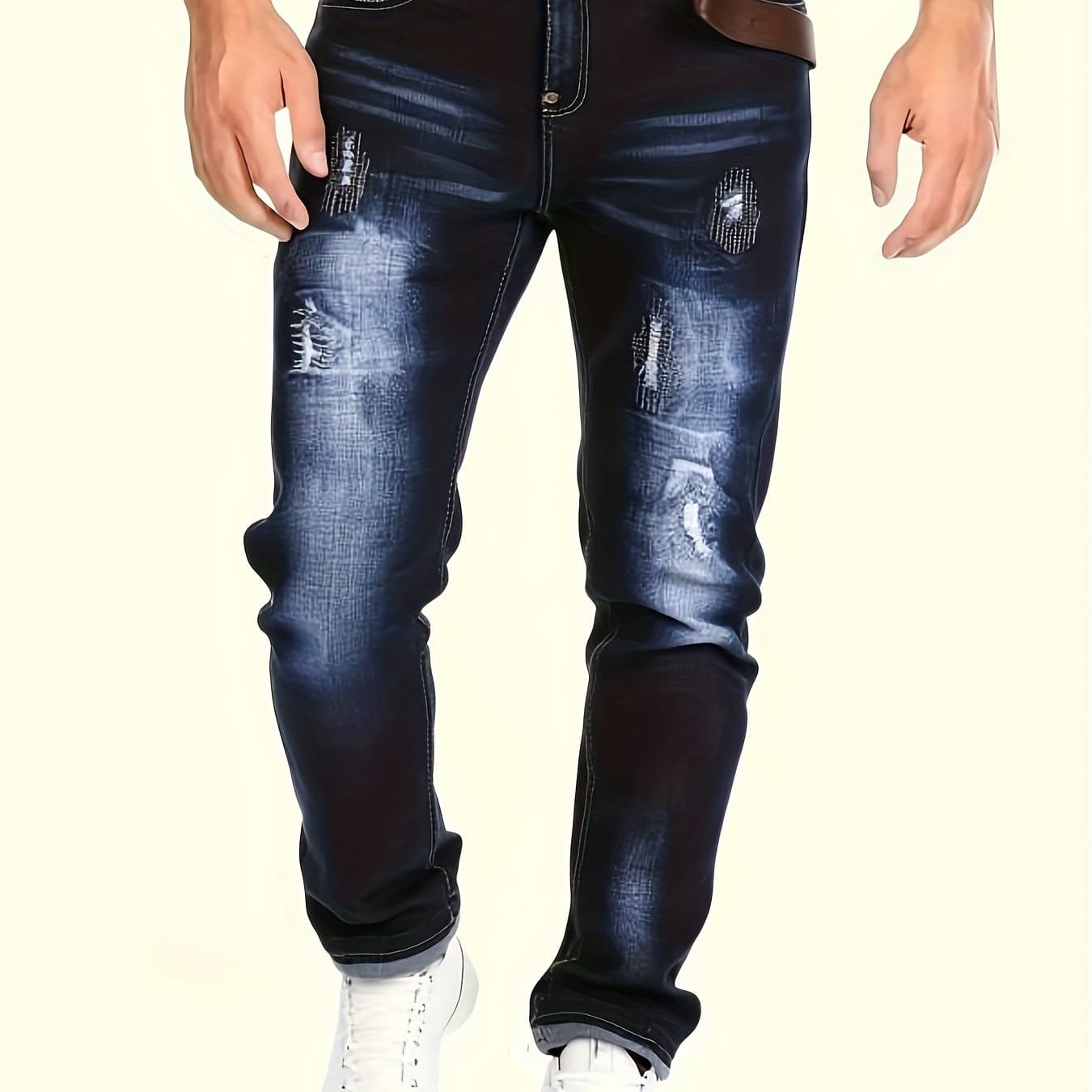 TEMU [hme] Men's Jeans, High-waisted Stretch Slim Straight Leg, Washed Distressed Distressed Hole Patch Design, Natural Whitening Effect, Essential Men's Denim Long Pants For Fashionable Outfits