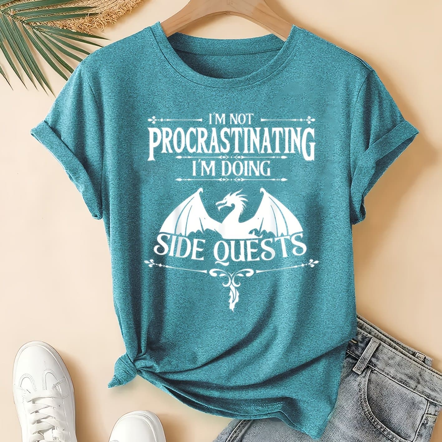 TEMU Casual Vintage Loose Round-neck Short-sleeve T-shirt With A Simple English Letter Print Design.