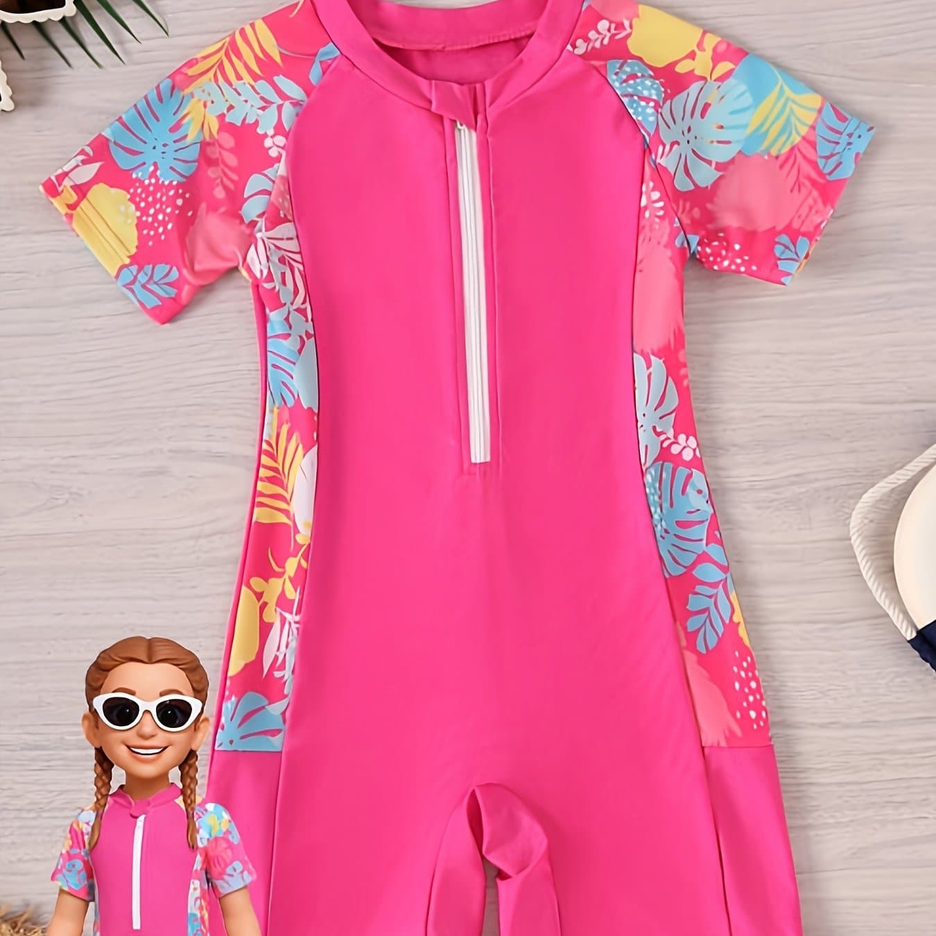 TEMU Fluorescent Rose -piece Swimsuit, Fashion Style, Print Raglan Sleeves, Color-, Zipper Closure, Cute Casual Sports Swimsuit For Girls