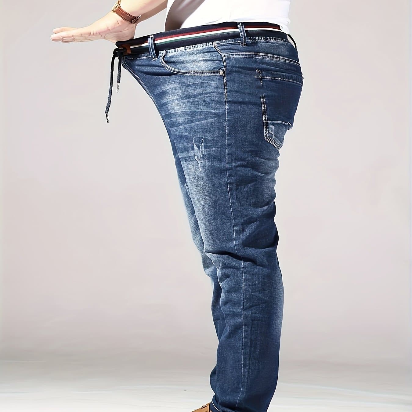 TEMU Men's Plus Size Denim Pants, Dark Blue Men's Trousers, Tall And Fat Crowd