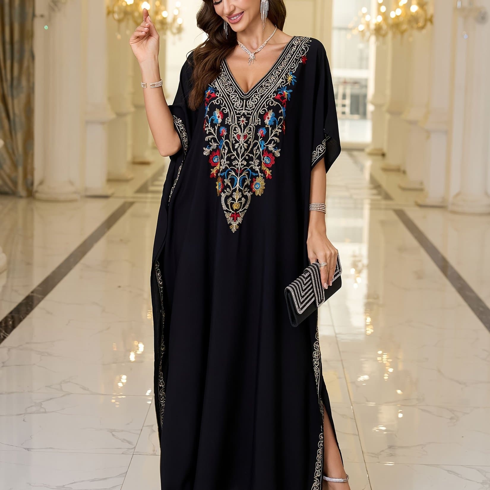 TEMU Edolynsa Ramadan Loose Kaftan Dress V-neck Colorful Embroidered Bat Sleeves Side Slits Elegant Large Size Resort Robe Cover-up Casual And Comfortable Cover-up Q1761