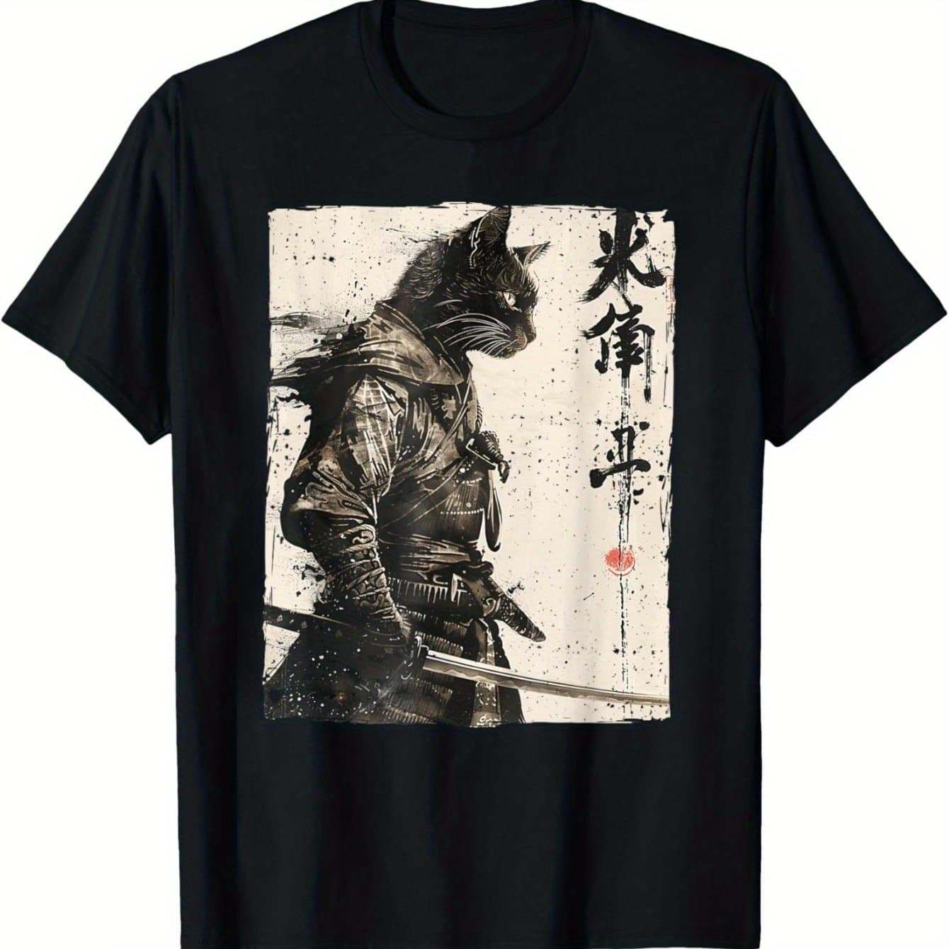 TEMU Cat Warrior Graphic T-shirt - Black Cotton Tee For Men With Ink Artwork Design
