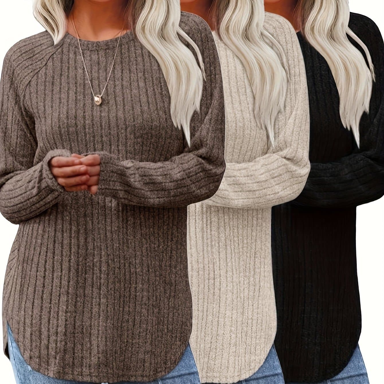 TEMU Three-piece Women's Fashionable Long-sleeved Basic Sweater, Casual Loose Top, Elegant Round-neck T-shirt