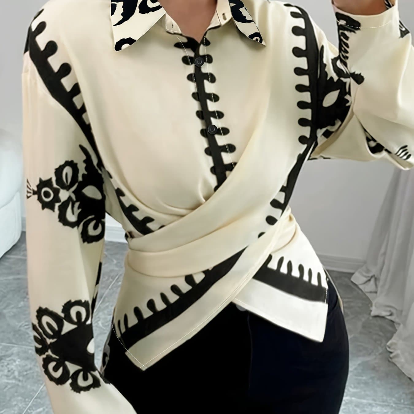 TEMU Plus Size, Plus Size Women's Elegant Cross-tie Blouse - Classic Collar Sleeve Shirt, Solid Color Non-see-through Machine Washable Top For Wear, Semiformal Attire, Collar, Nontransparent Fabric