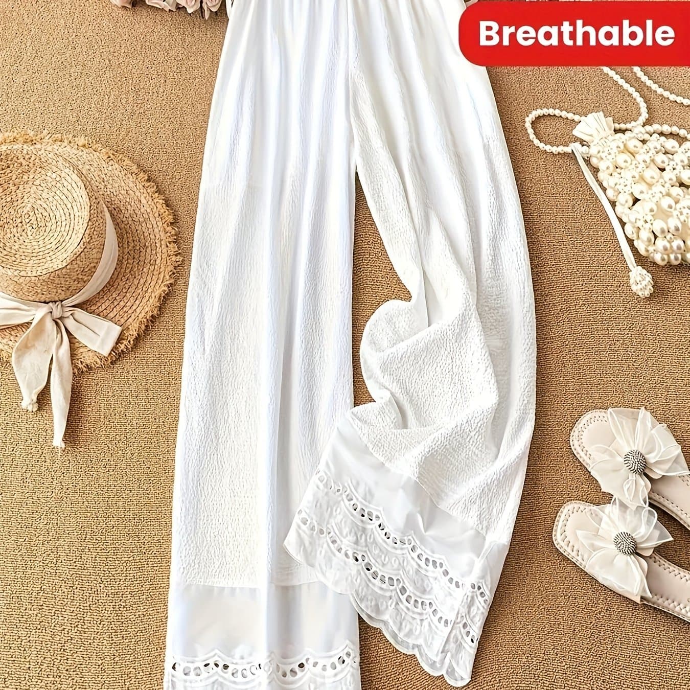 TEMU Plus Size - Plus Size - Plus Size Women's Lace Breathable Trouser Leg Slit Straight Pants