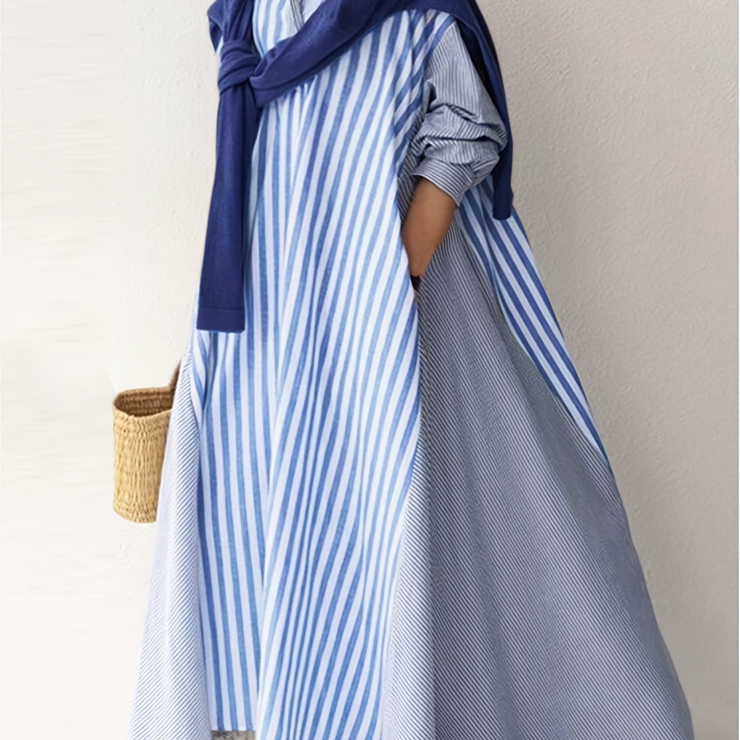 TEMU Plus Size - Plus Size - Casual Shirt Dress With Long Sleeves And Striped Stitching Designed For Plus-size Women