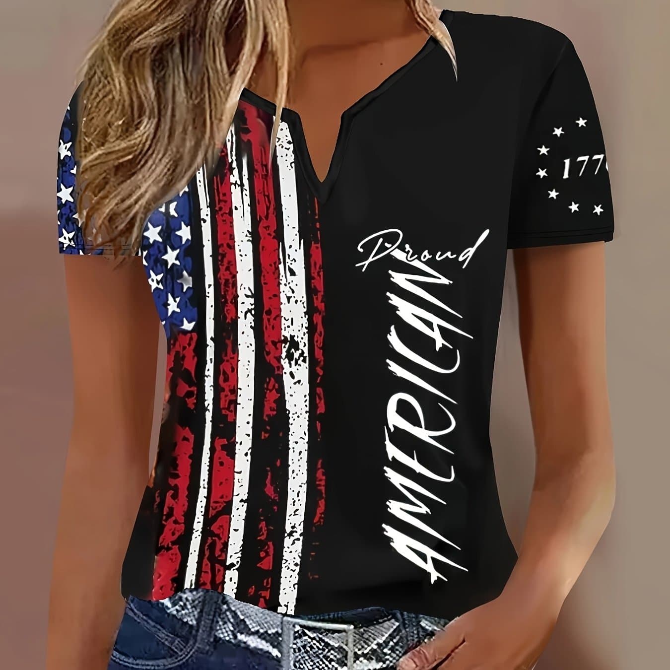 TEMU Women's V-neck Short-sleeve T-shirt Featuring A Unique Black Background With Flag And The ''. This Loose-fitting, Casual Top From Comfortable, Breathable Fabric