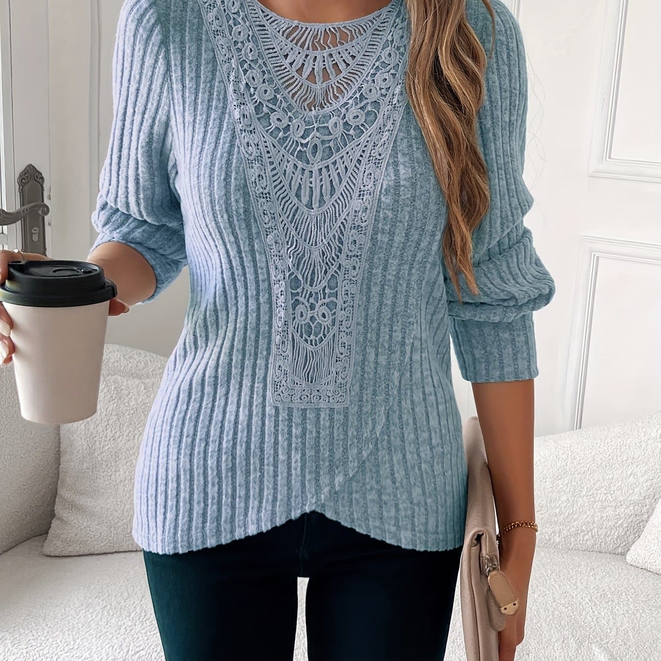 TEMU Lace Trimmed Round Neck Long Sleeve T-shirt