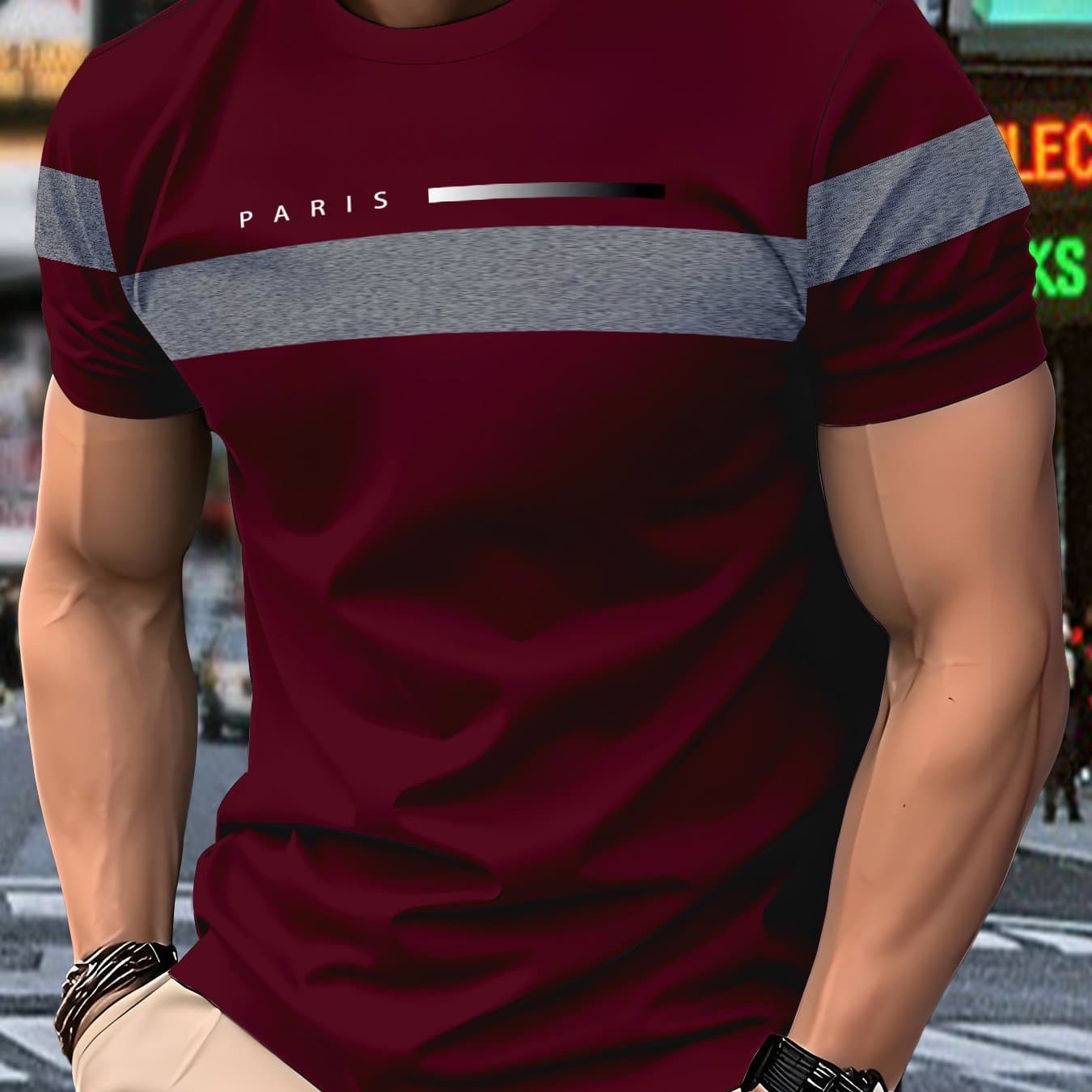 TEMU This Men's T-shirt Features -block Stripes As Its , With A Burgundy Base With Gray Stripes And "paris" Lettering, Showcasing A Simple Aesthetic. The Overall Look Is Sharp And Sophisticated