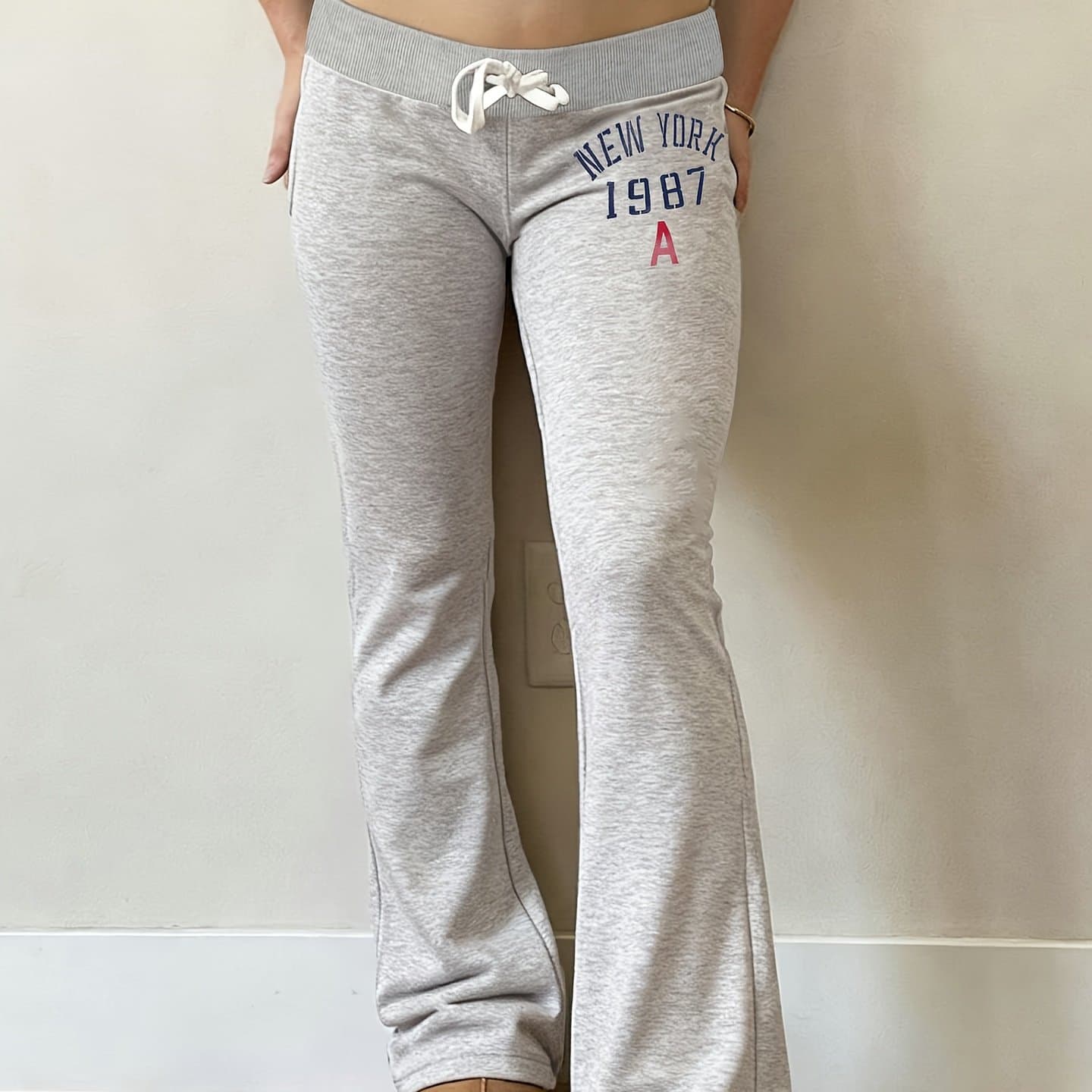 TEMU Vintage Lettering Flared S Pants, Sexy Low-rise Drawstring Design, Versatile Casual Pants With A Drape, Trendy Hot Pants