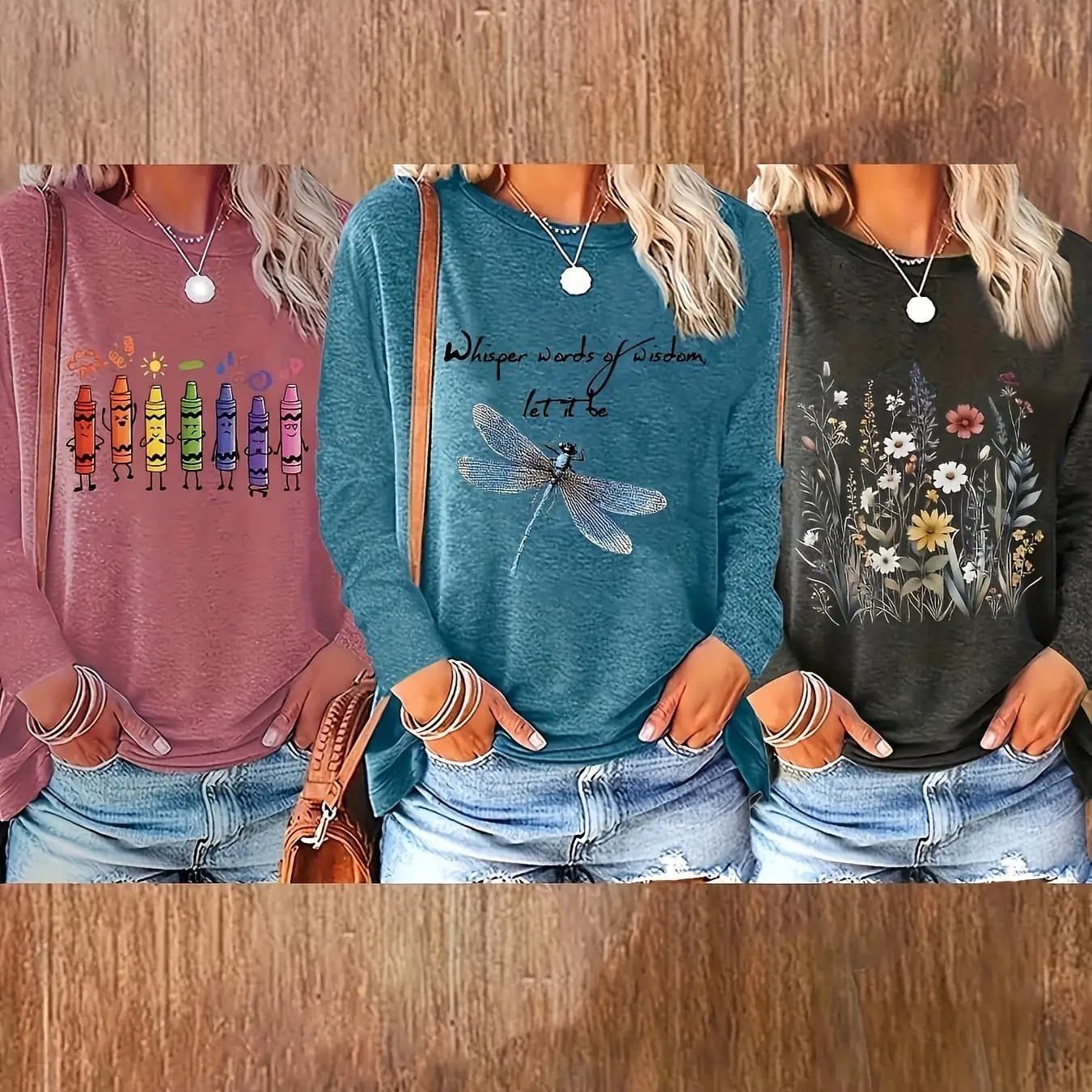TEMU 3pcs Women's Casual Long Sleeve Round Neck T-shirts- Geometric Print Tops With Inspirational Quotes& Floral Dragonfly Design, Machine Washable Spring/fall , Ladies Tshirts,