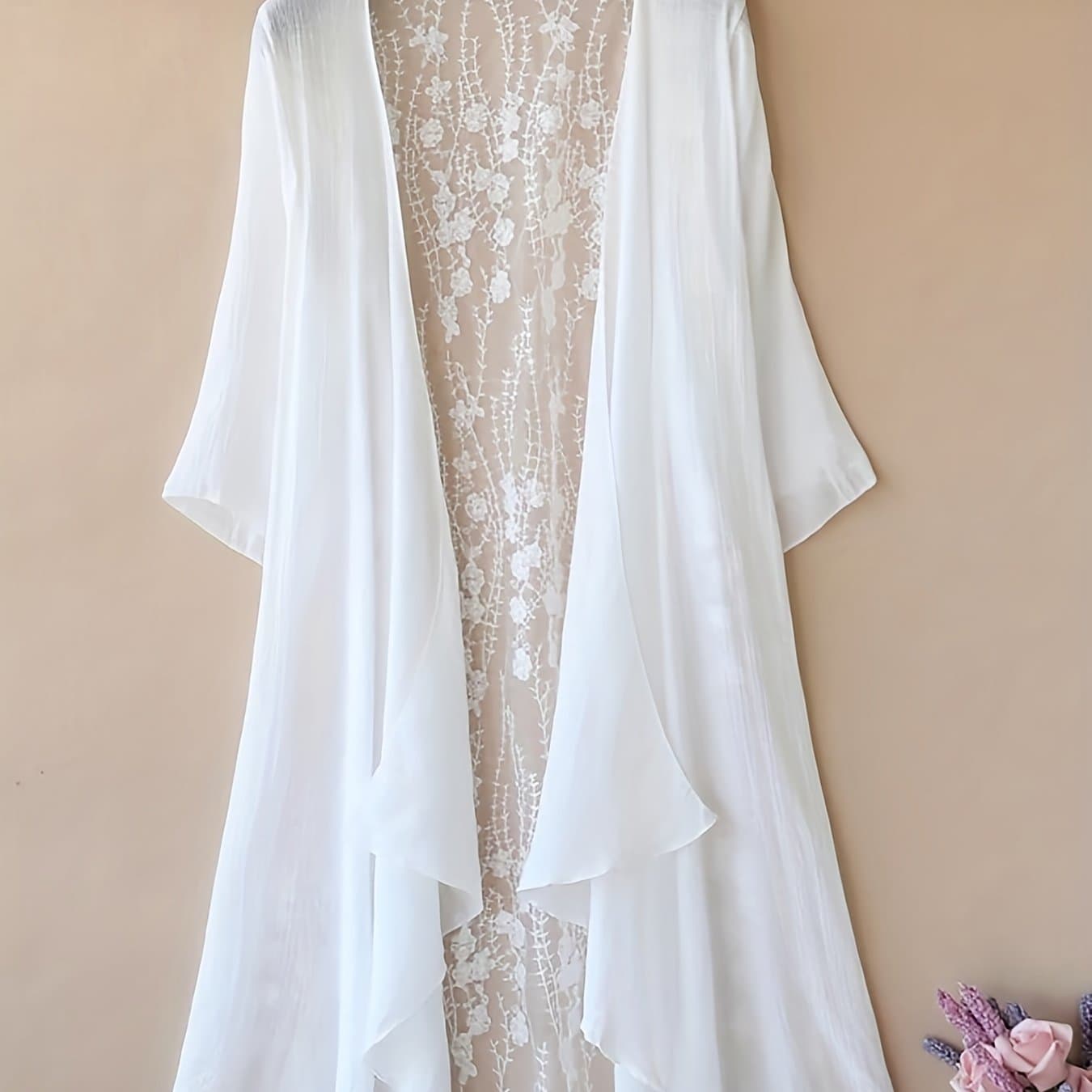 TEMU Plus Size Beach Vacation Cover-up Long Coat With Three-quarter Sleeves, Embroidered Solid Color Lace Trim Cardigan, Clothing For Summer And Spring