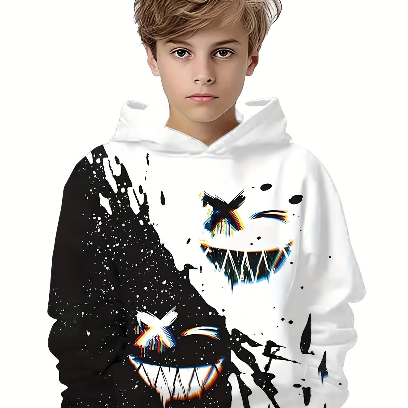 TEMU Kids Halloween Clothes, Creative Weird Smile 3d Printed Hoodie Fun Pattern Pullover, Best Gift For Children, Boys Clothes, Teenage Boy Gifts, Boys Winter Clothes