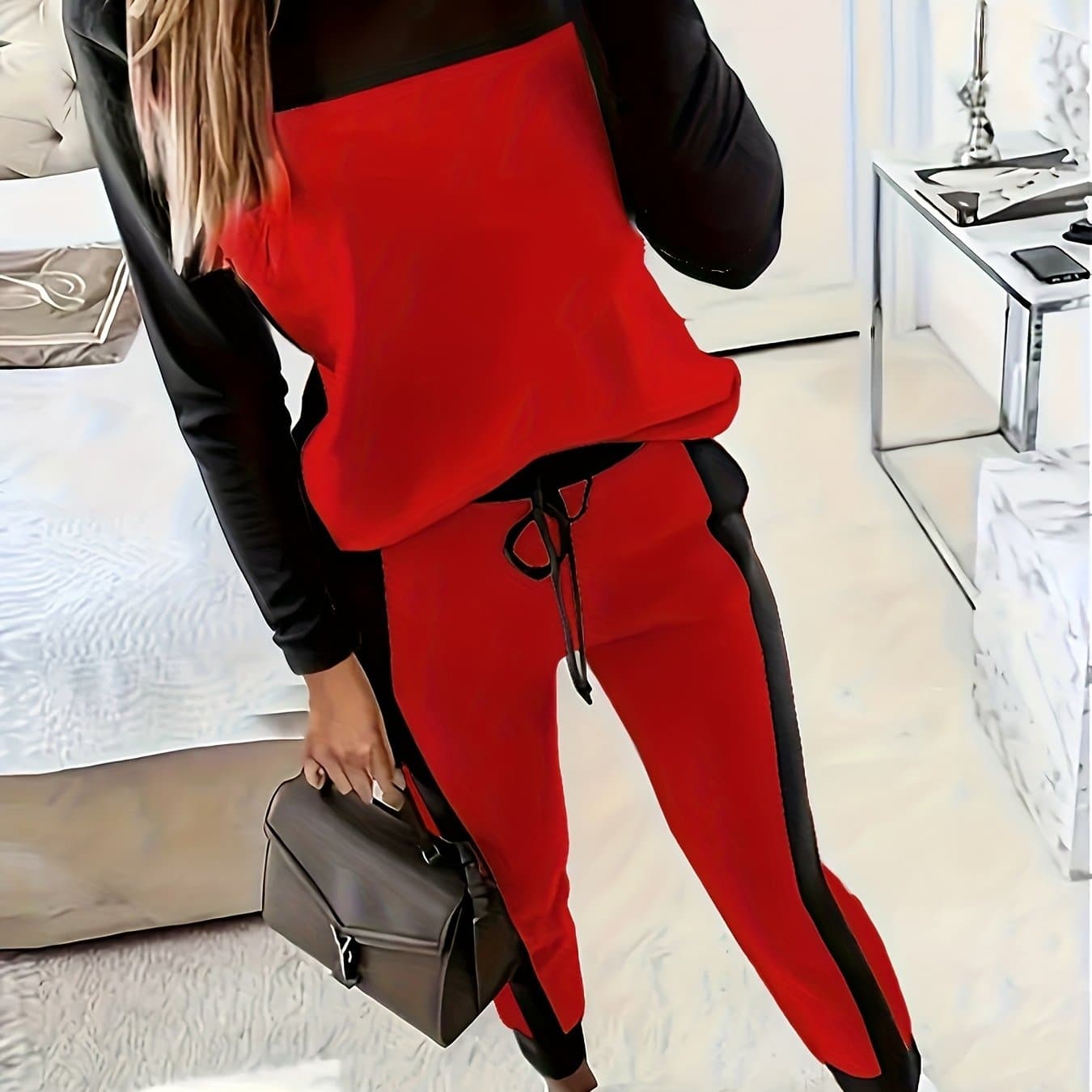 TEMU Fashionable Autumn And Winter Casual Elegant Color-block Round-neck Long-sleeve T-shirt With Pants Two-piece Set