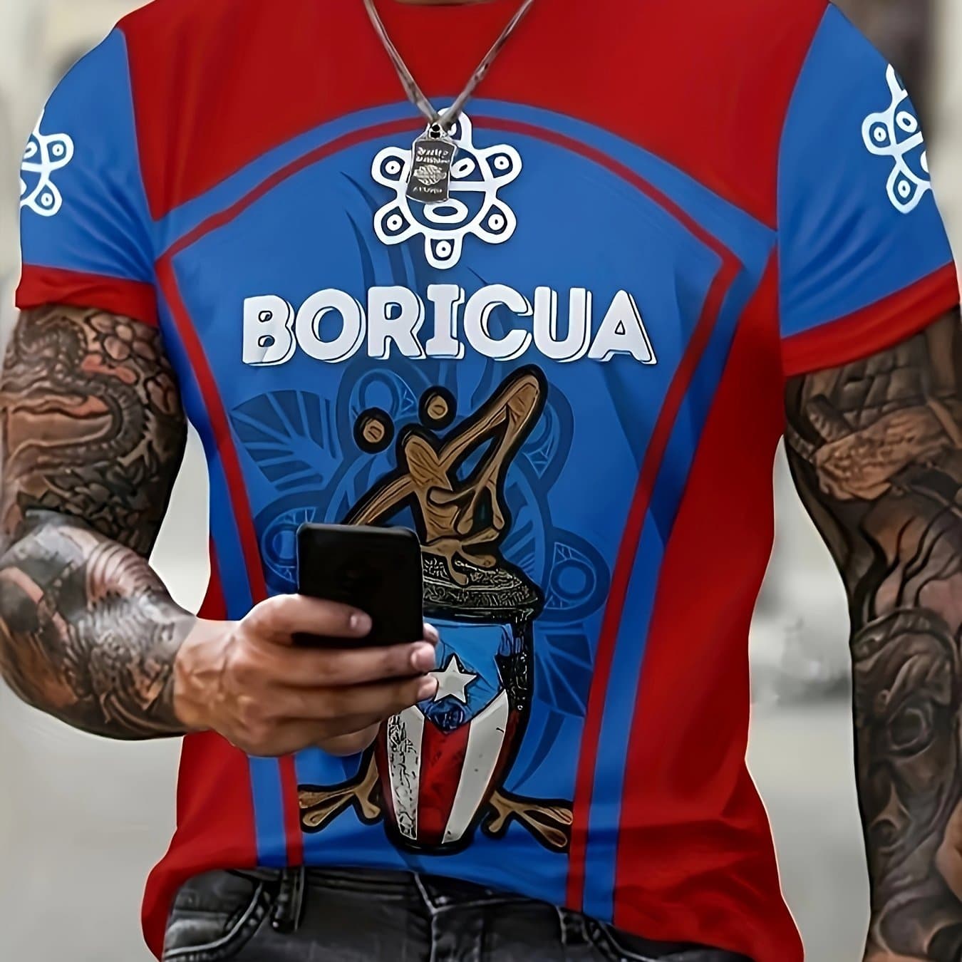 TEMU Men's Casual Summer T-shirt With Puerto Rican Theme, Perfect For Daily Use And Vacation Getaways