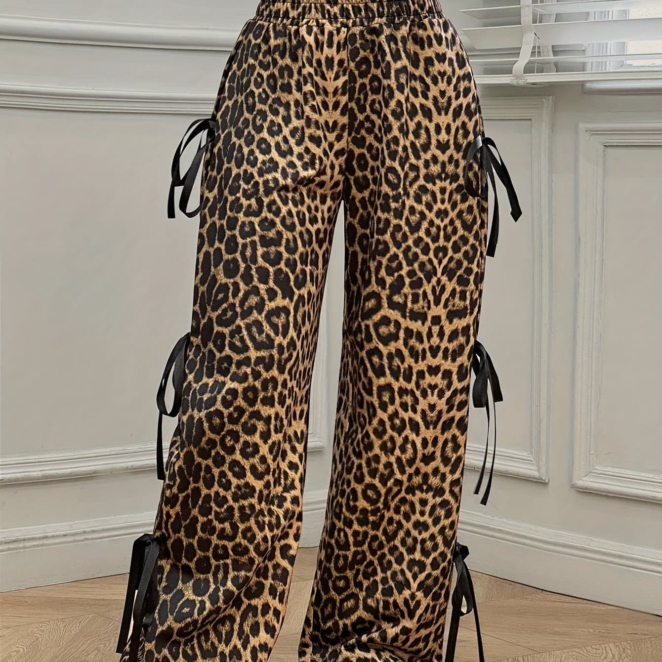 TEMU Chic Leopard Print Wide-leg Pants With Side Bow Detail - High-waisted, Casual Polyester, Machine Washable - Spring/summer/fall Fashion