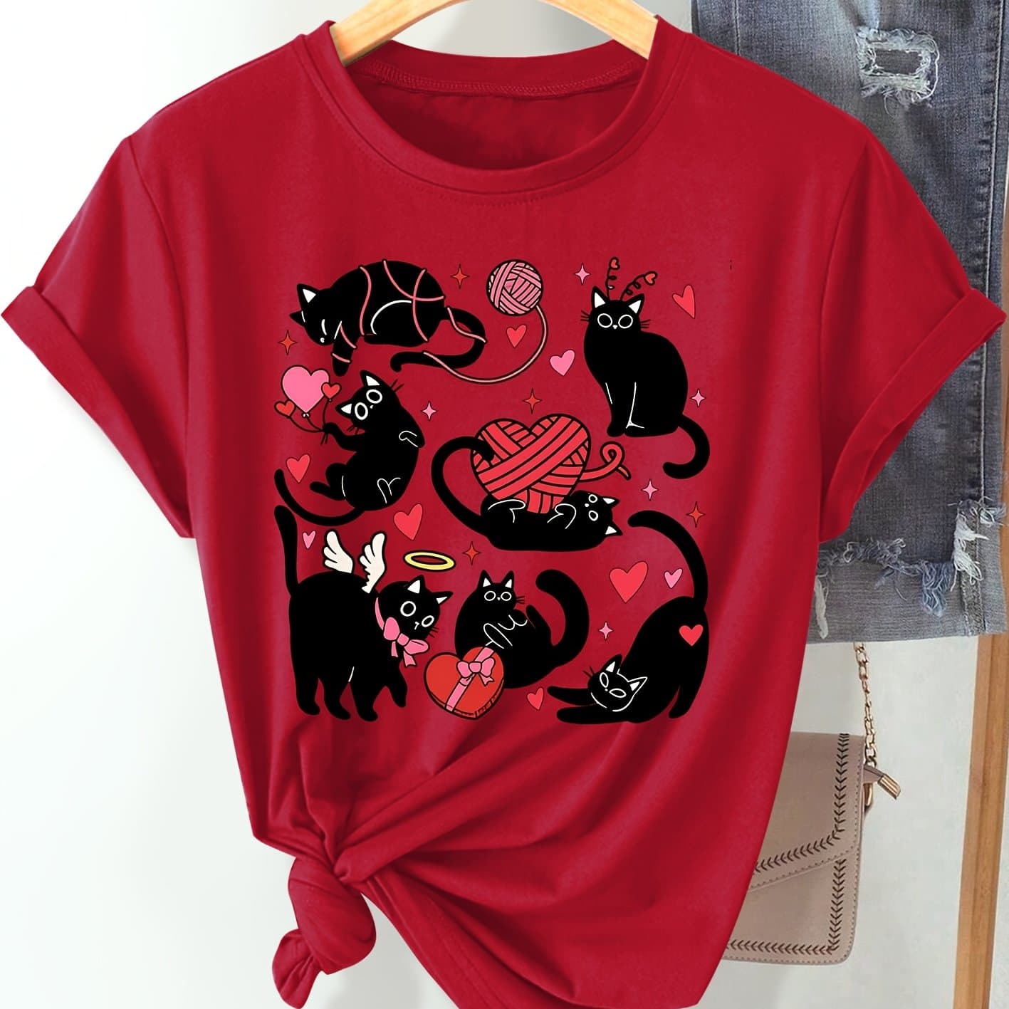TEMU 1pc Women's Plus-size , Black Cat Sweetheart Heart Ball Cute Print, , Fashionable Vintage Style, Spring Casual Sporty Style, Round Neck Short Sleeve T-shirt, Available In Sizes 1xl-5xl