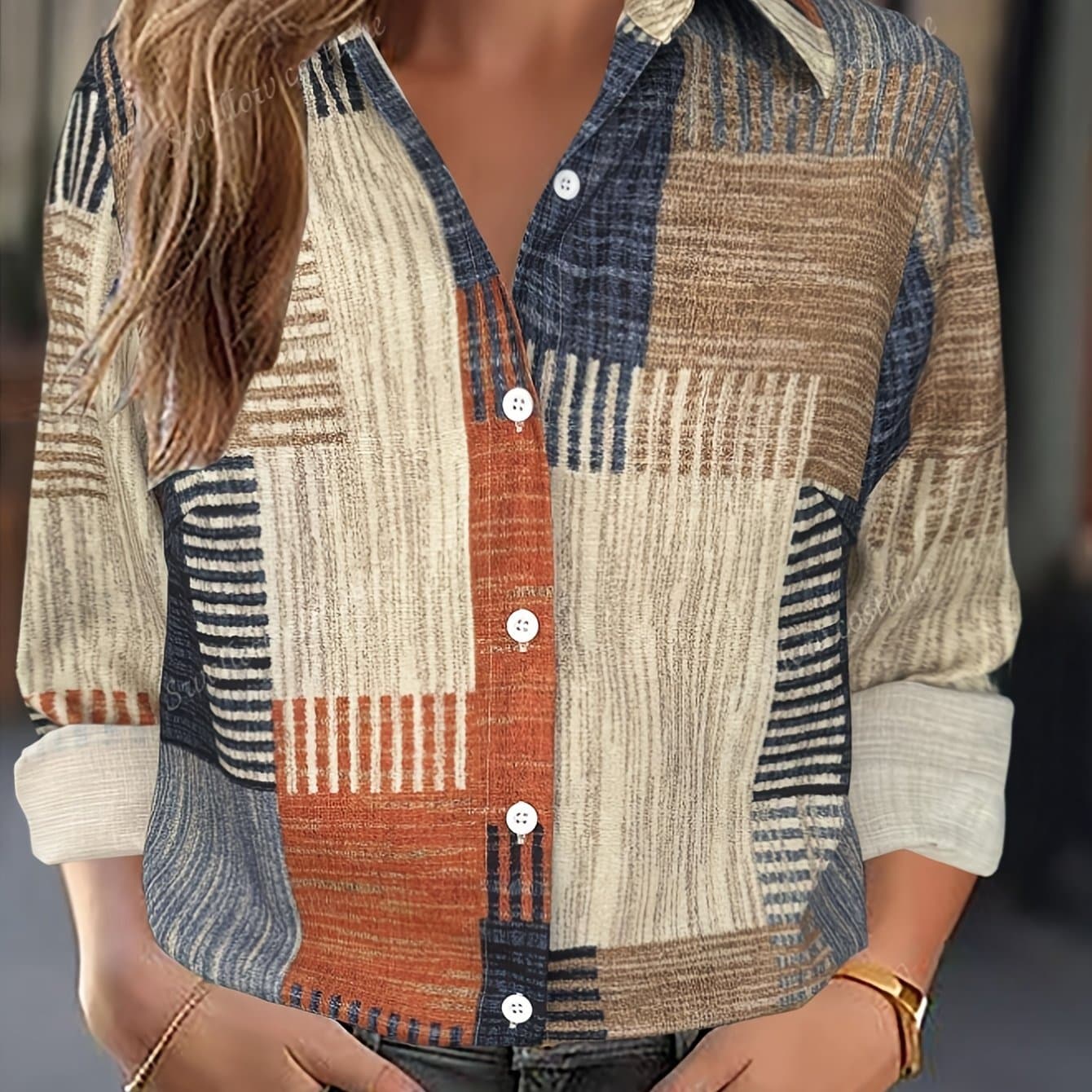 TEMU 2025 Spring New Women's Fashion Shirt, Stylish Versatile Casual Color-block Button-up Collared Long Sleeve Top