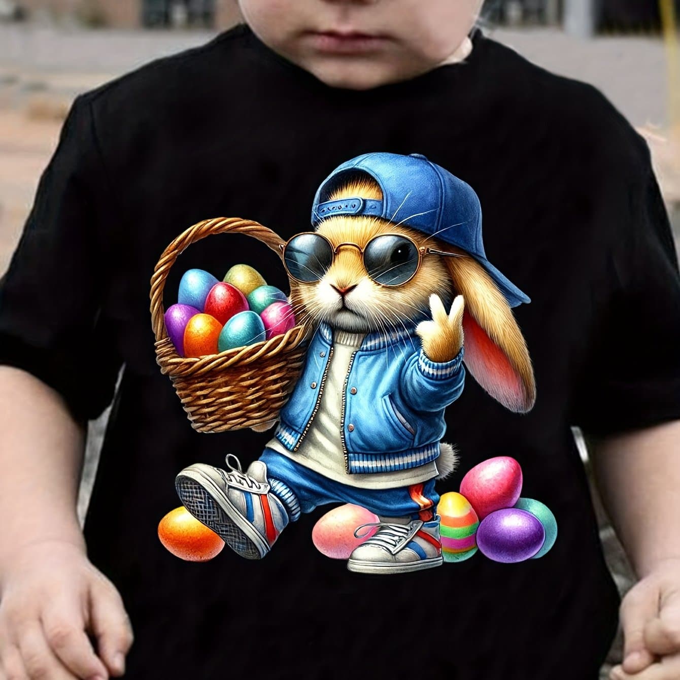 TEMU Boys' Cotton T-shirt Cartoon Rabbit Print For Comfortable And Casual Round Neck Short Sleeves