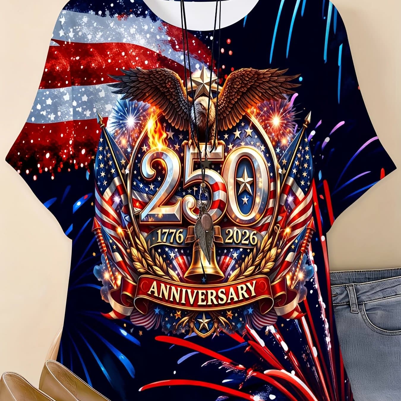 TEMU Please Click To Your Gift, Plus Size Women's (1xl-5xl) Short Sleeved T-shirt, Red, White, , Eagle 250th Anniversary 1776 2026 Fireworks Day Celebration Patriotic Summer Set, Round Neck