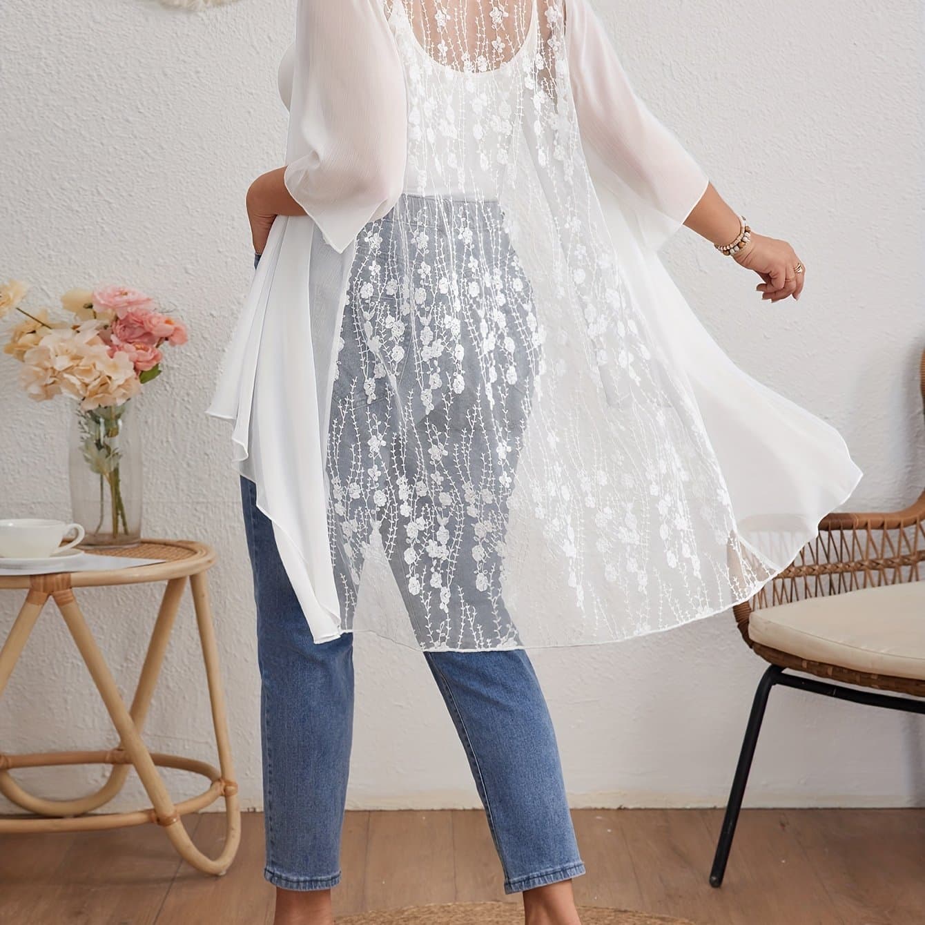TEMU Elegant Plus-size Black Lace-trimmed Cardigan - Chic Mid-sleeve, Open Front With Asymmetrical Hem, Embroidered Detailing - Lightweight & Semi-sheer For Spring/summer/fall, Plus Size Cardigan