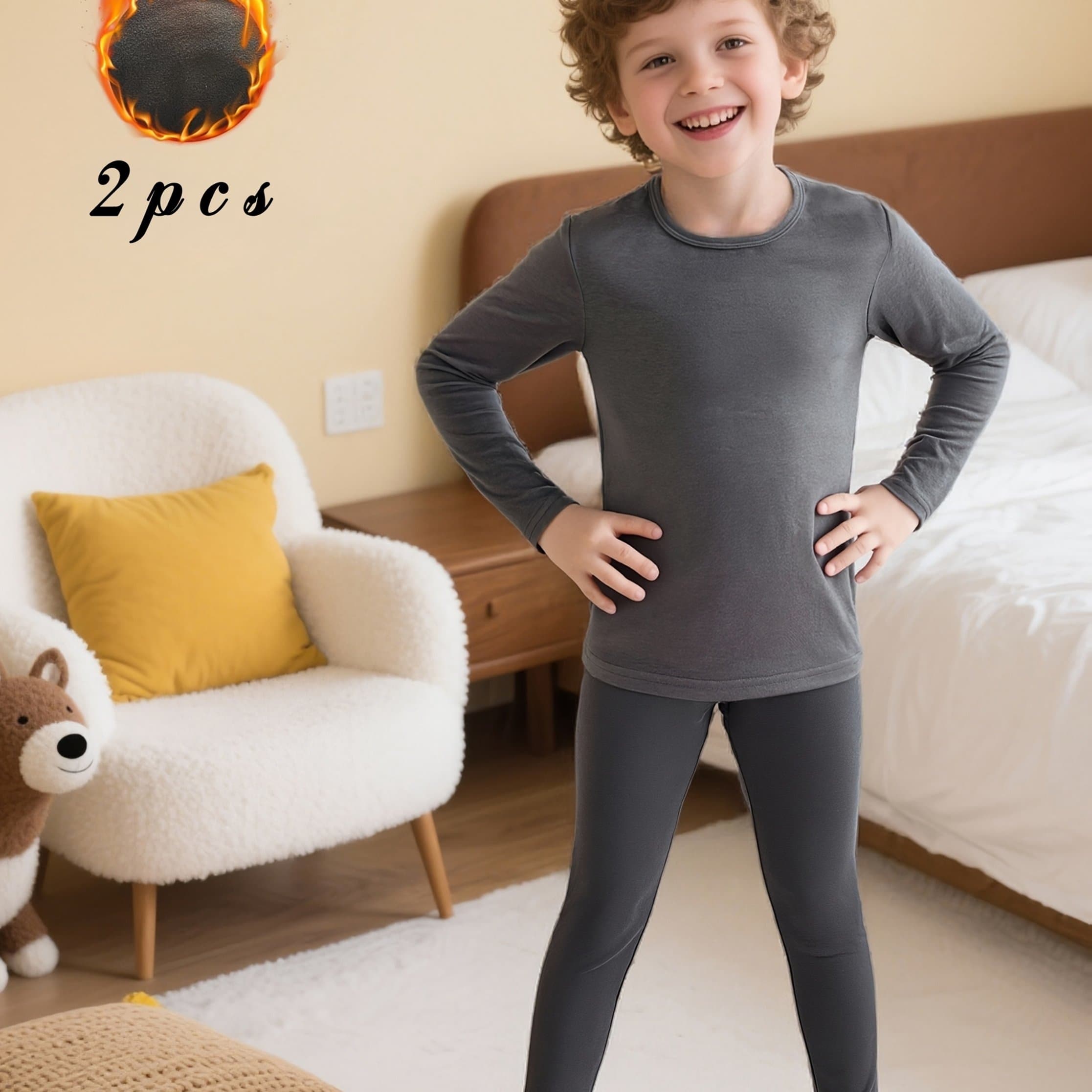 TEMU Children's 2pcs Set: German Velvet Base Layer Top In Gray, Simple Solid Color Long Sleeve T-shirt And Solid Color Long Pants, Suitable For Spring/autumn/winter