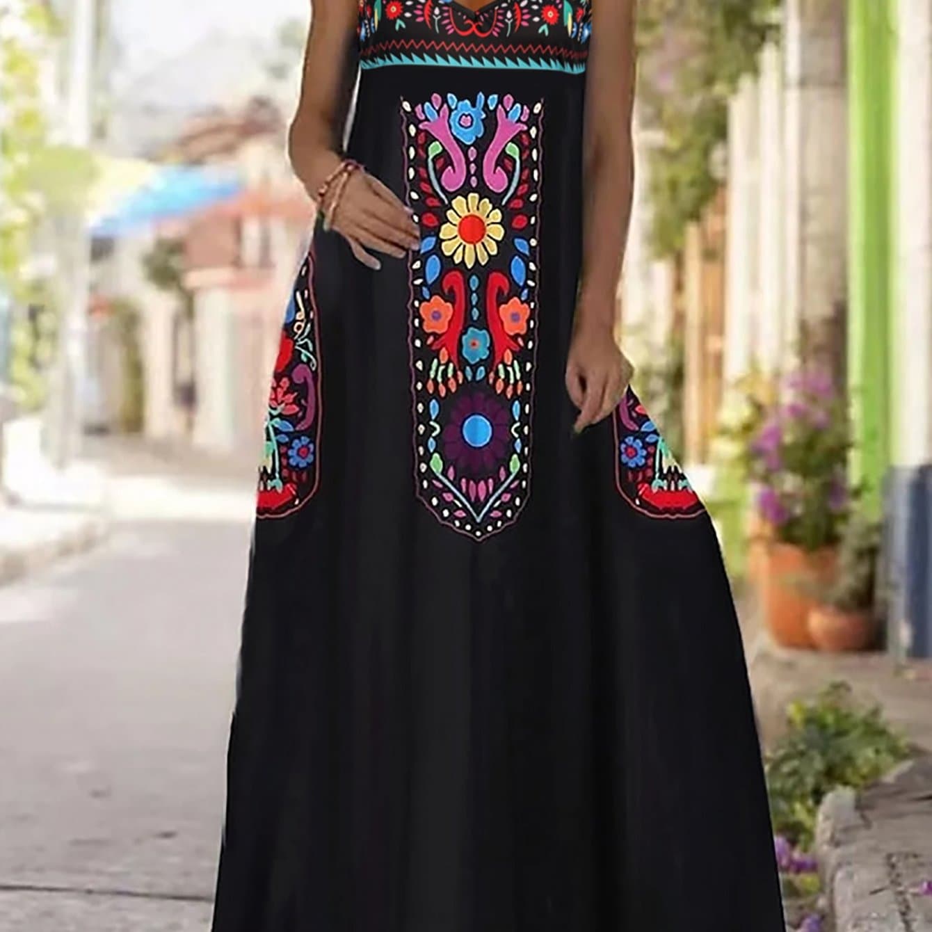 TEMU Summer New Fashionable Vacation Casual Ethnic Style Printed Women's Suspender Dress