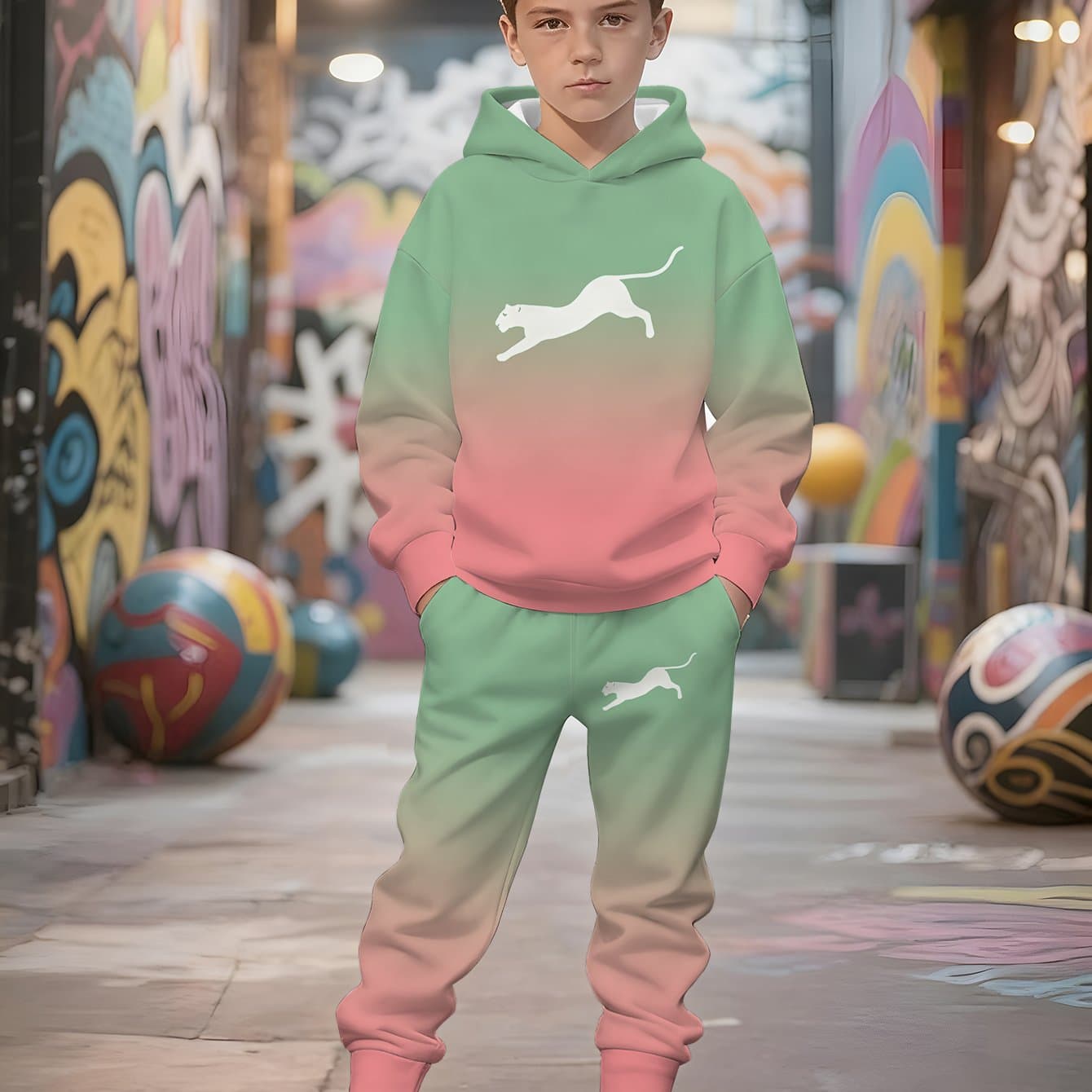 TEMU This Two-piece Tracksuit For Boys Comes With A -pink Gradient Design, Making It A Fashionable And Cozy Option For And Fall , For Outdoor