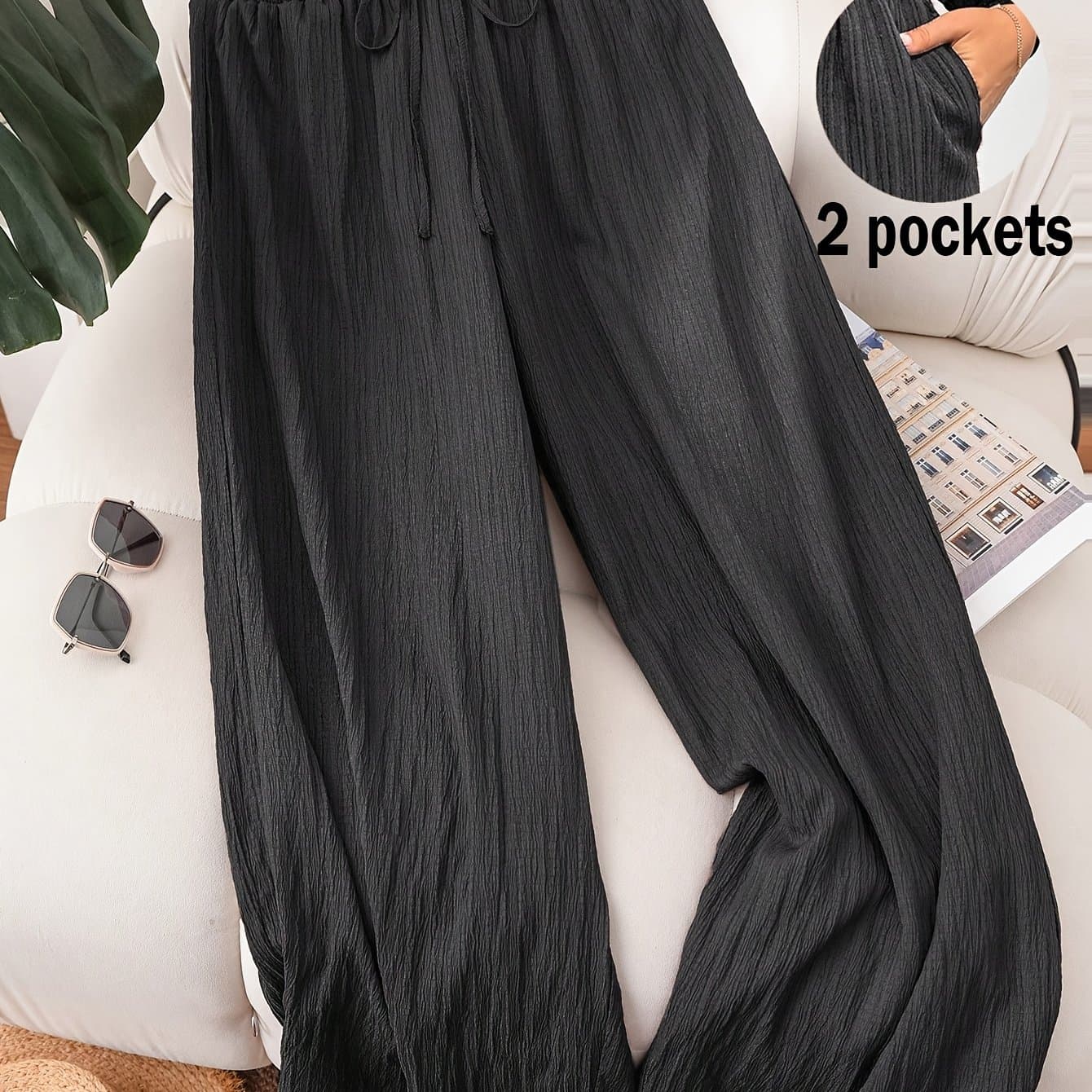 TEMU Plus Size - Plus Size - Women's Plus Size, Solid Color Elastic Waist Straight Leg Pants, Loose And Comfortable