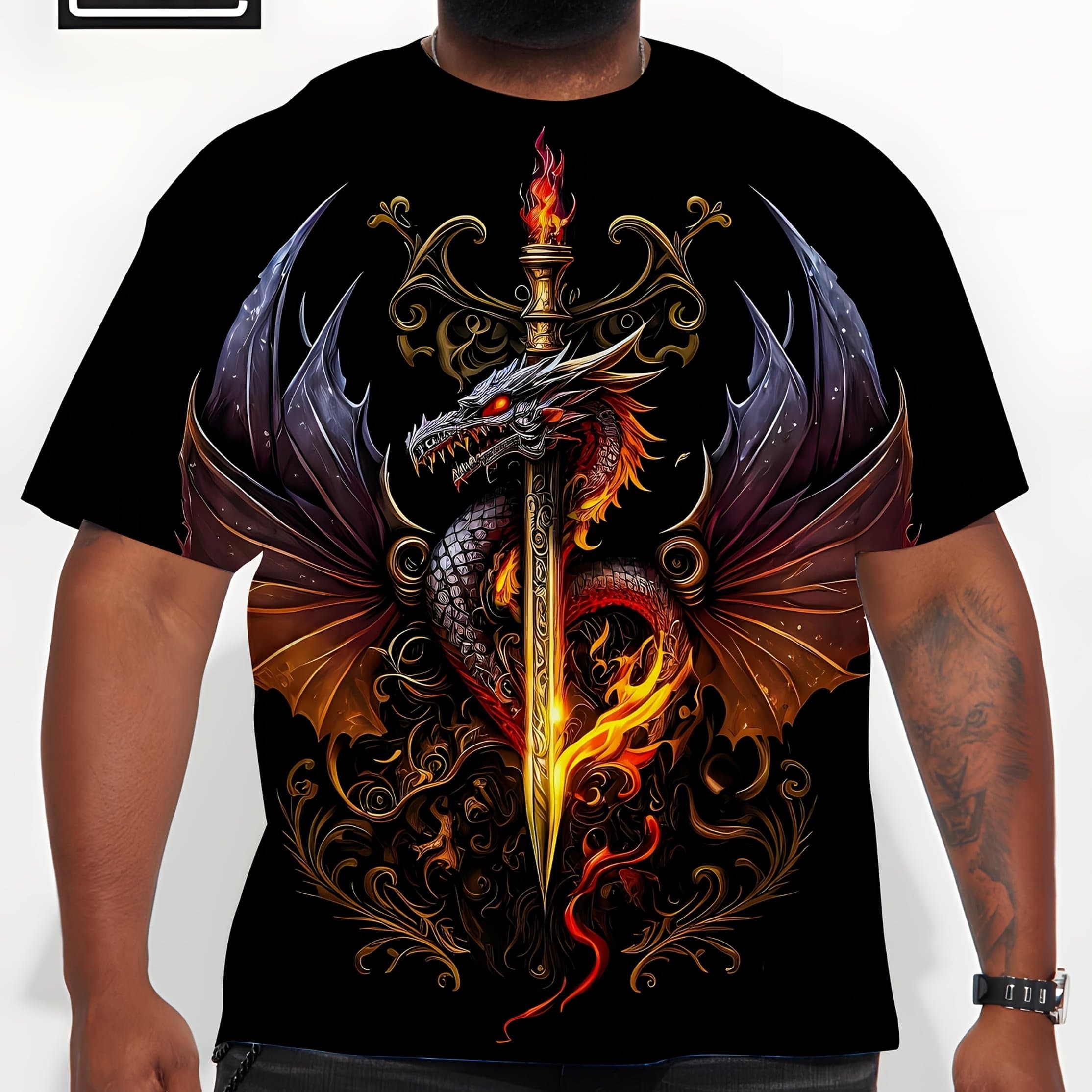 TEMU Men's Plus Size Breathable Dragon Print T-shirt - Streetwear Dinosaur Short Sleeve Round Neck Top, Casual Summer Outdoor Wear Suitable For Spring And Summer, Plus Size