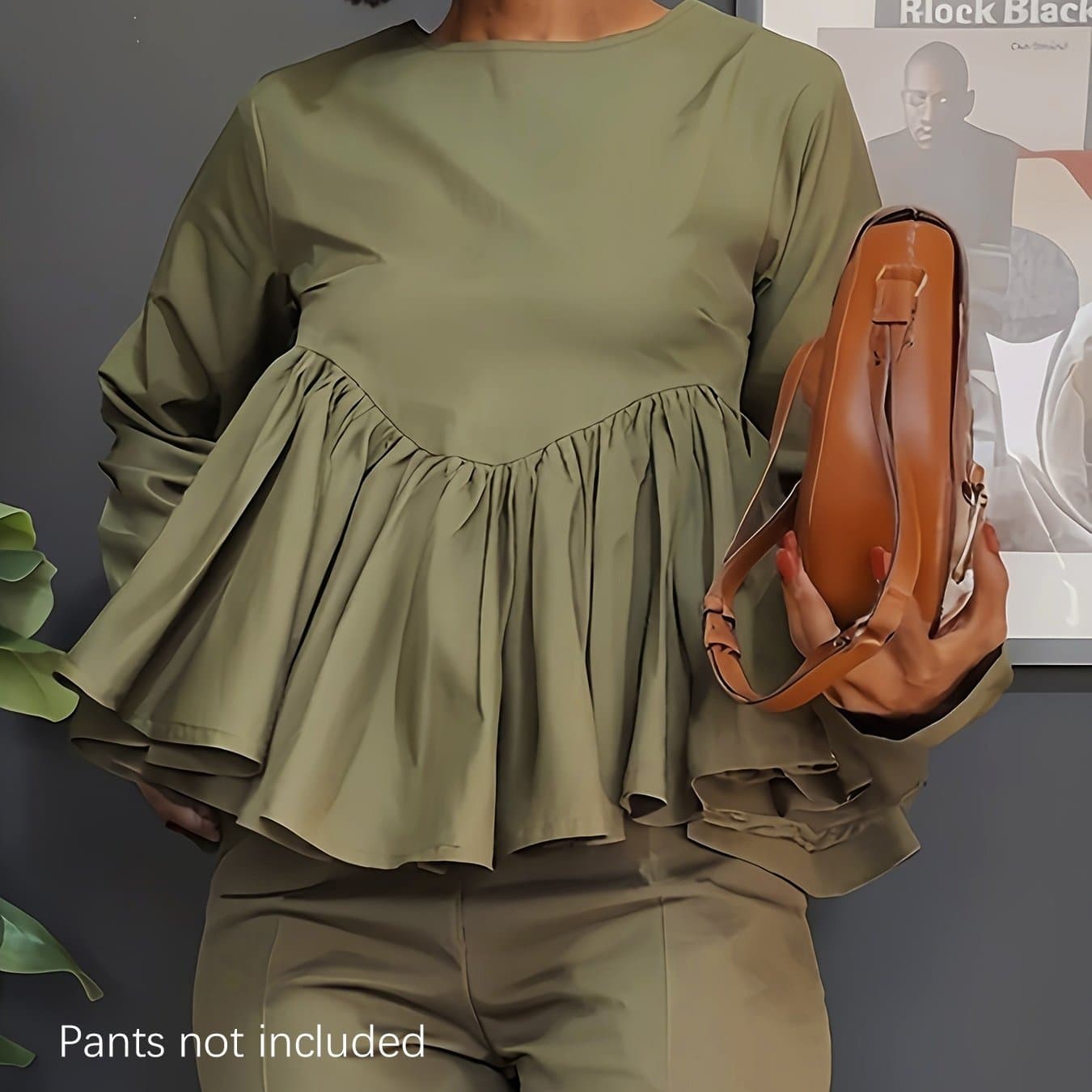 TEMU Solid Ruched Loose Round Neck Long Sleeve Shirt, Fashion Casual Easy Pullover Top, Women's Clothing