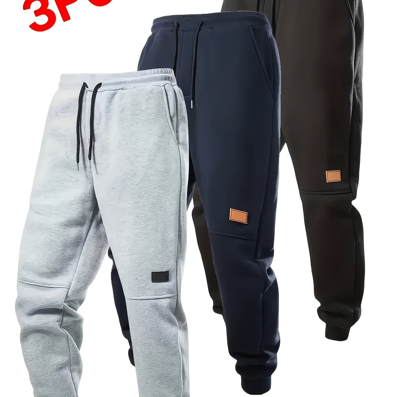TEMU 3pcs Men's Heavyweight Sweatpants Set With Lining, Thickened, Elastic Drawstring Waist And Side Pockets, Breathable Sweat-absorbing Fabric - Autumn/winter Casual Joggers, In Multiple Colors