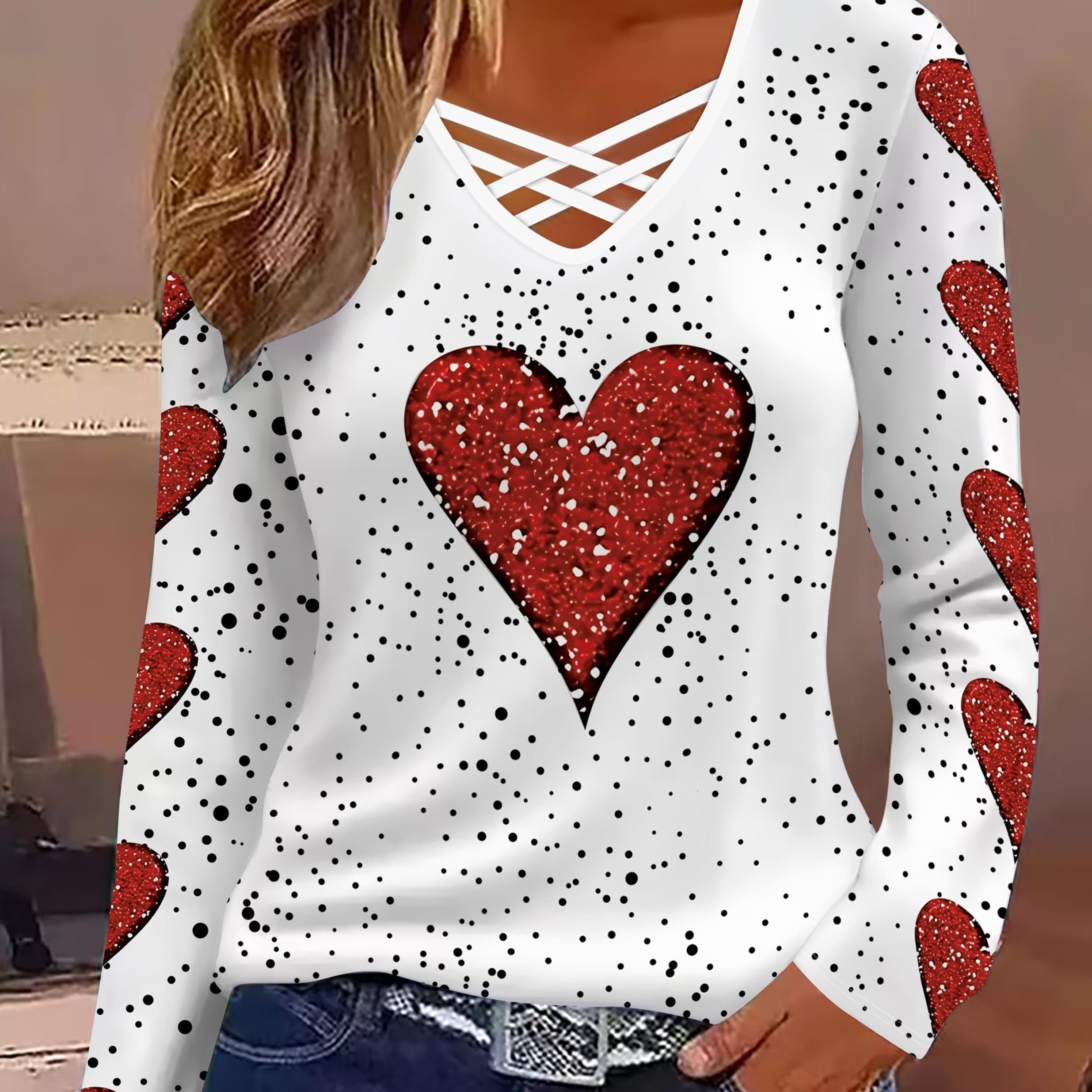 TEMU Plus Size, Valentine's Size Women's Elegant Fashion Heart Print Cross Neck Long Sleeve T-shirt