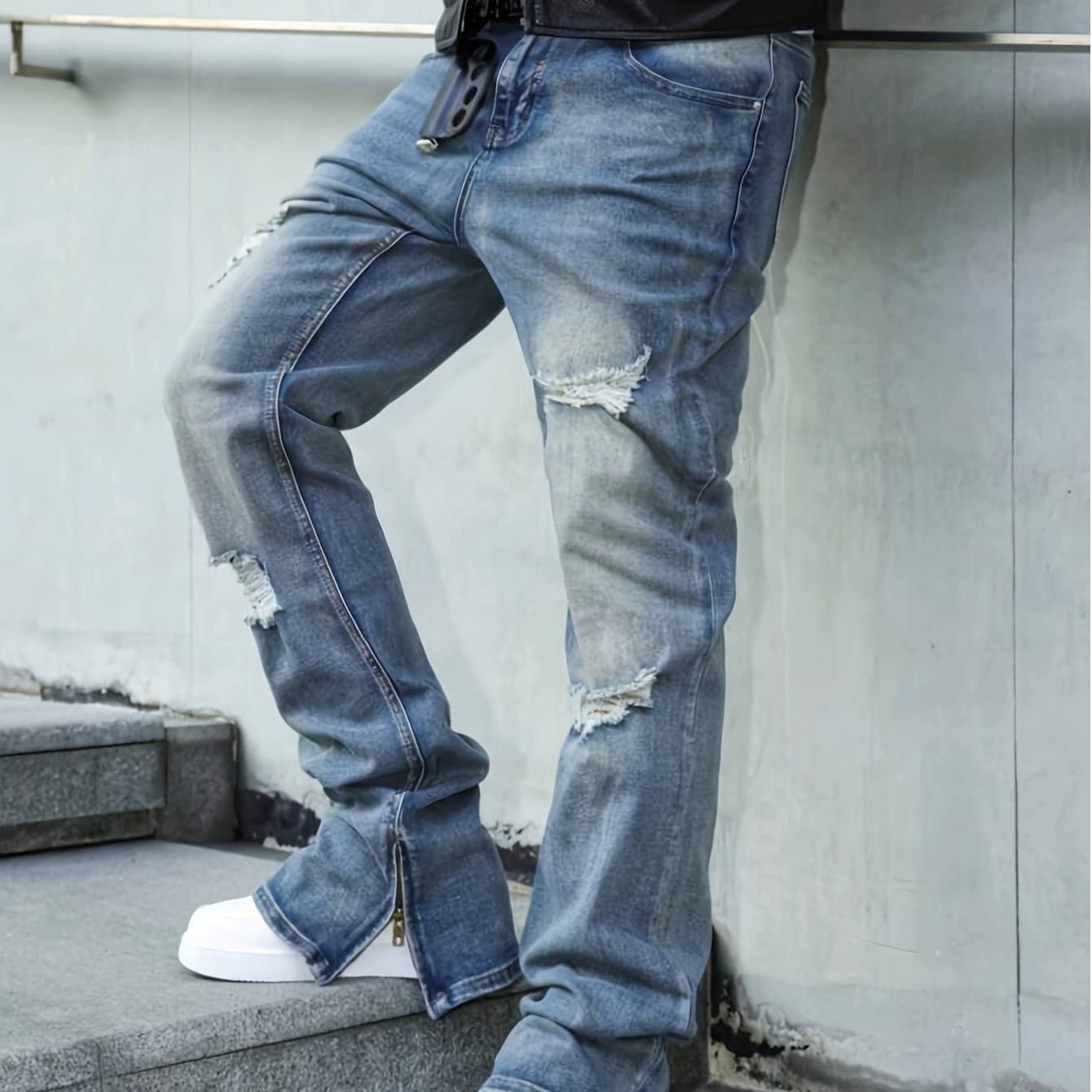 TEMU Casual Denim Trousers For Men | Made From A -polyester Mix | Stretchable Fit | Features Ripped And Zippered Pockets | Suitable For All | Hand Washed | Stylish Design For
