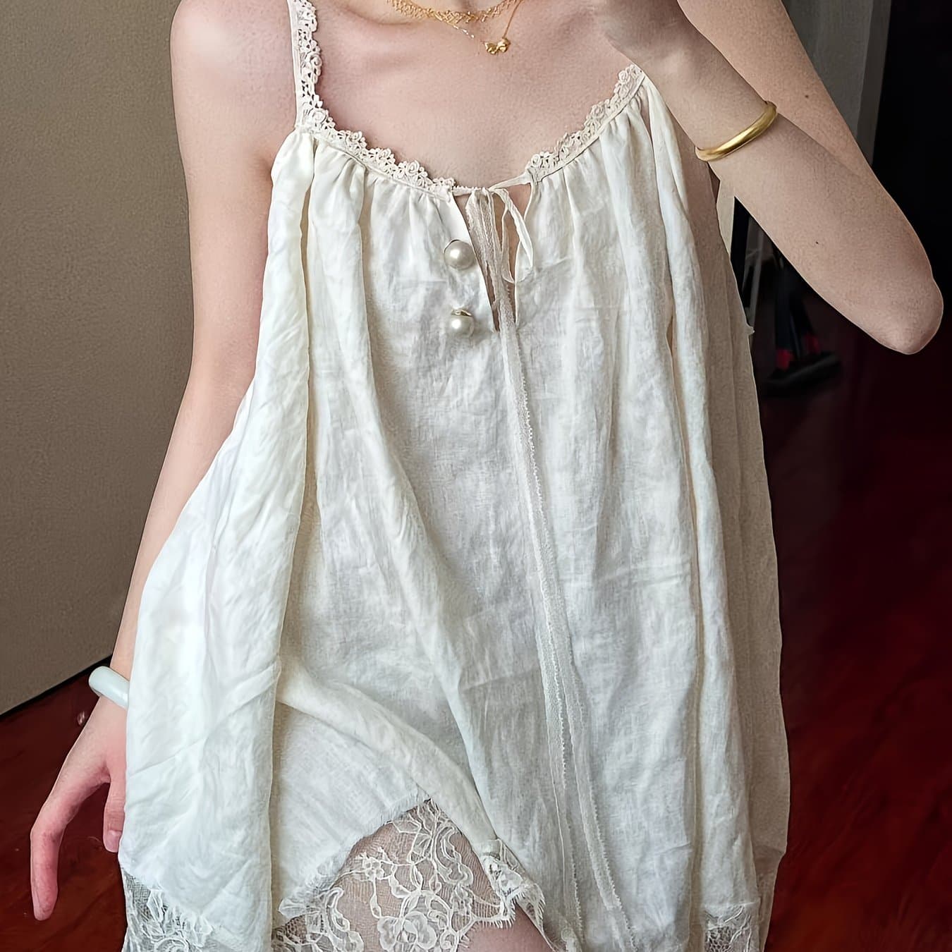 TEMU 1pc French Court Style Lace Trim Strapless Nightdress, Loose-fitting Summer Dress For [ Outside The Home], And