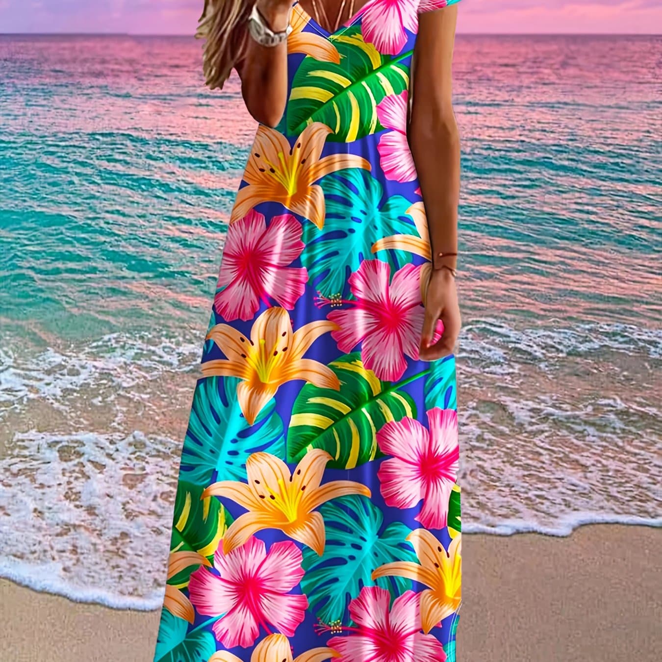 TEMU Plus Size, Women's New Summer Tropical Floral And Green Leaf Pattern Print V-neck Short Sleeve Dress