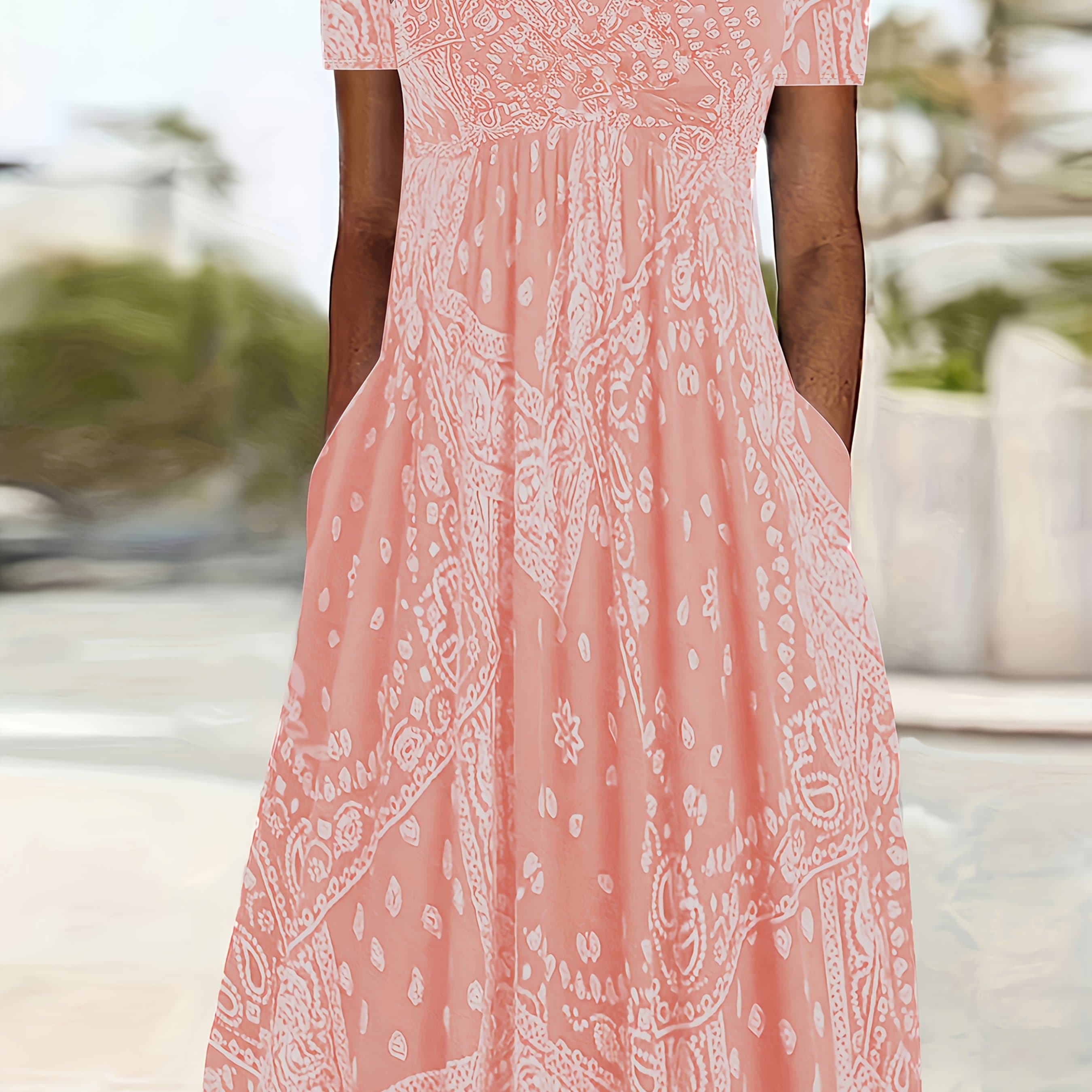 TEMU Plus Size, Summer New Arrival Round Neck Pleated Size Dress, Printed Pocket Short Sleeve Plus Size Women's Dress